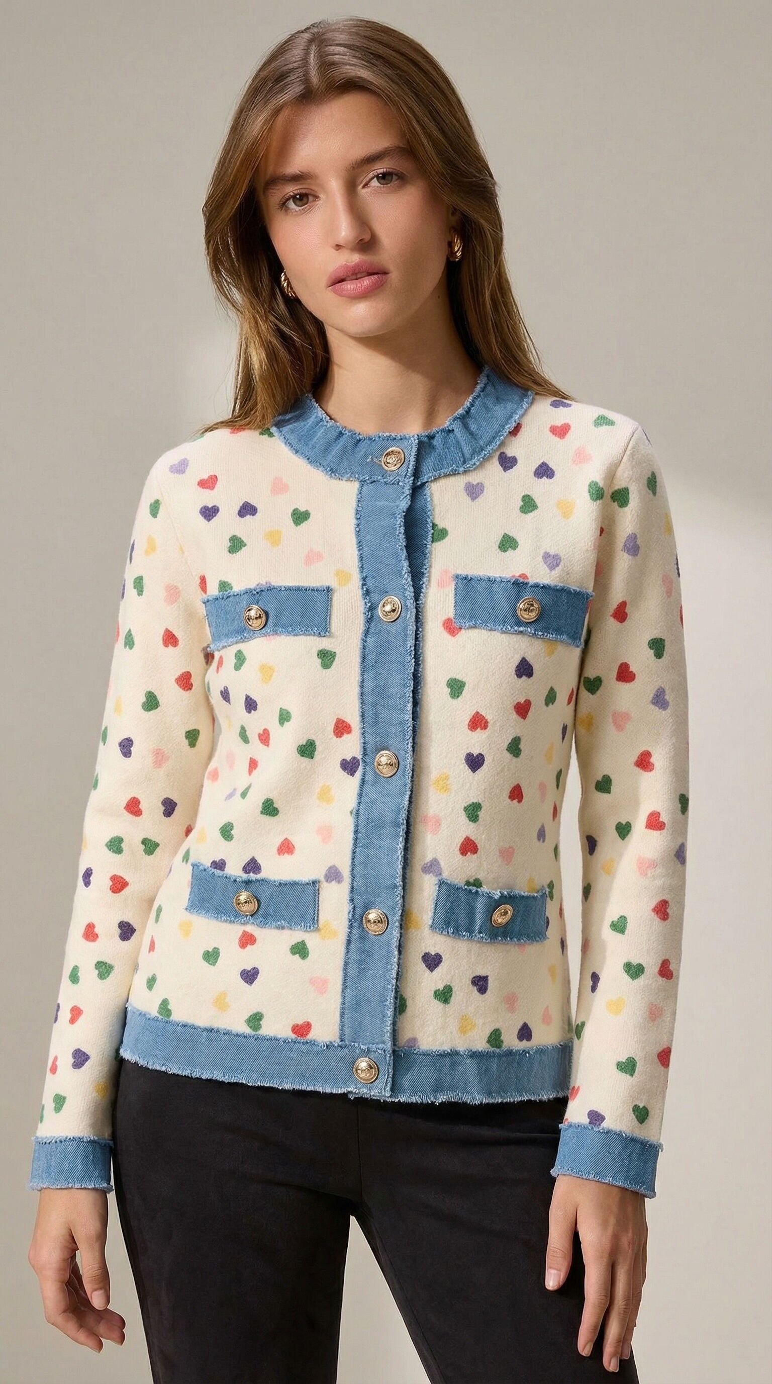 Strickweste mit Herzmuster und Denim-Details