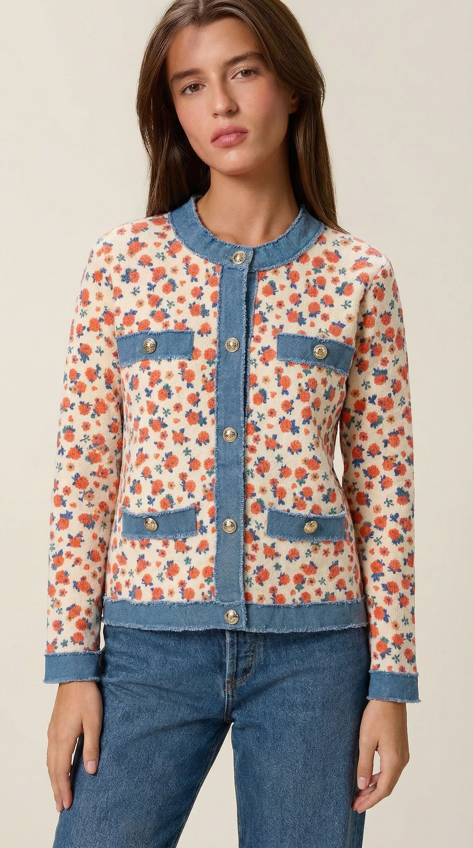 Strickweste mit kleinem Blumenmuster und Denim-Details