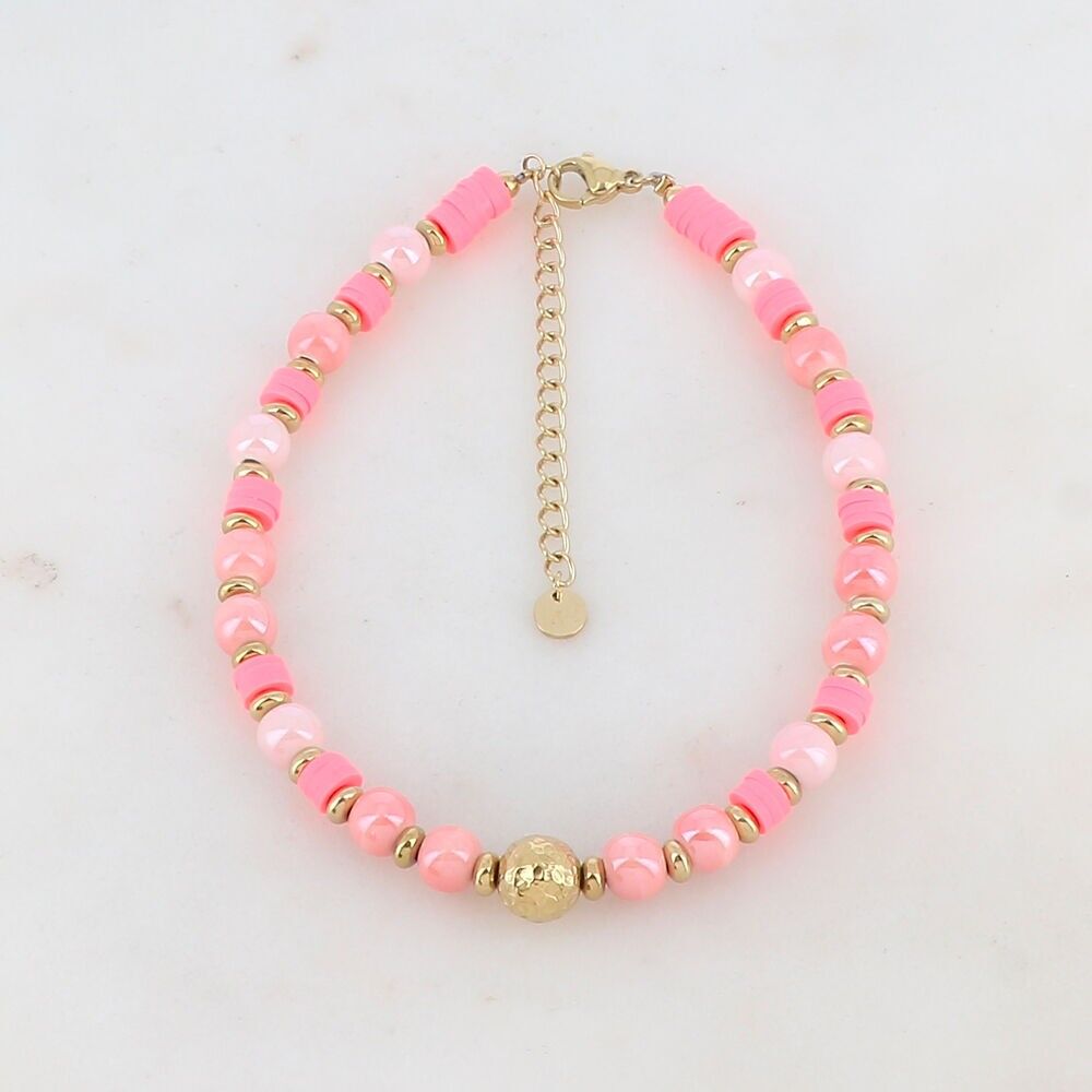 Fußkettchen mit Keramikperlen, Heishi-Perlen und einer Goldkugel