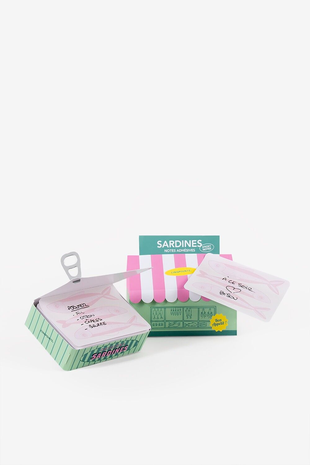 Nouveau - Notes adhésives décos avec boîte en forme de boutique - Sardine vert