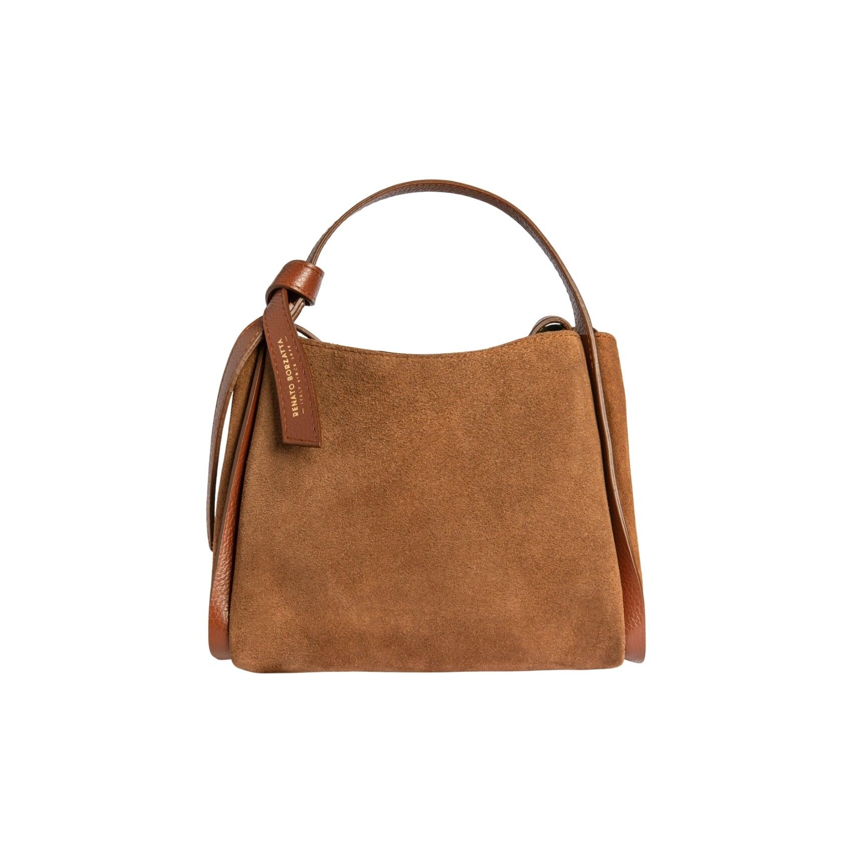 RB1035BI | ALICE Women's Handbag in Genuine Suede Leather Made in Italy. Shiny Gold metal accessories. Chestnut color.Dimensions: 26 x 20 x 15 + 12 cm (Handle light)