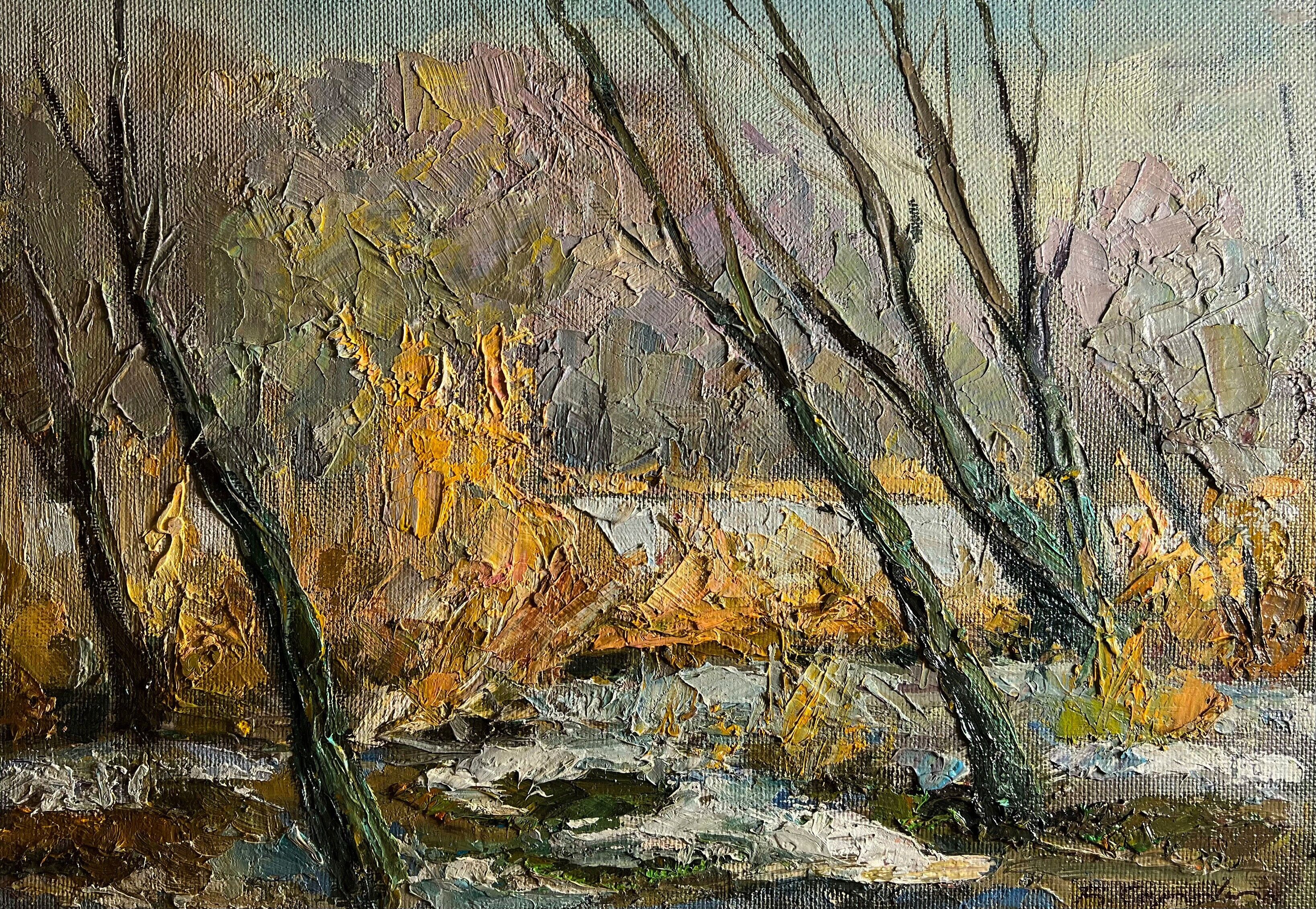Dipinto ad olio La prima neve cadde Boris Serdyuk 36x52cm