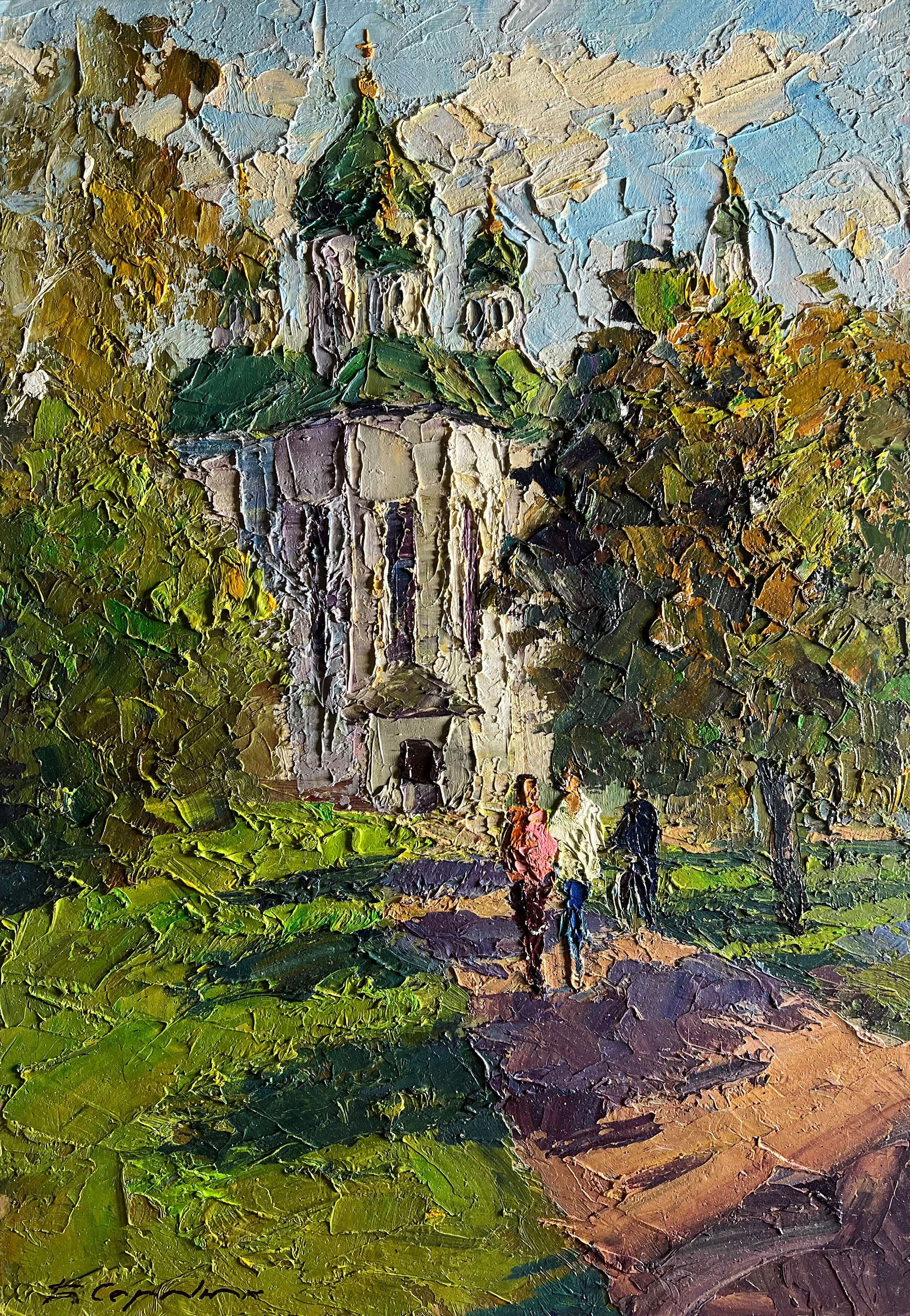 Dipinto ad olio Mattina vicino al tempio Boris Serdyuk 49x34cm