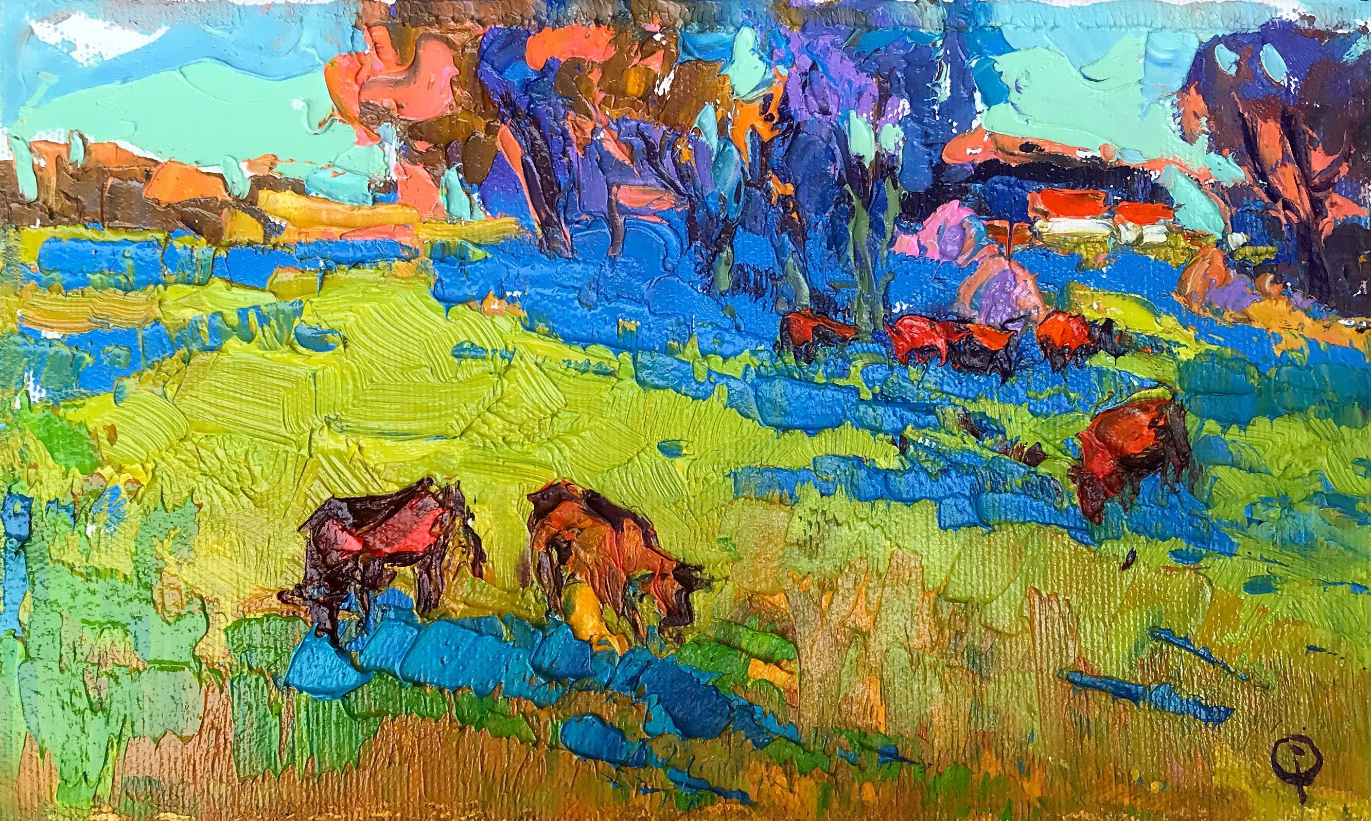 Dipinto ad olio Prati mattutini Oksana Ivanyuk 15x25cm