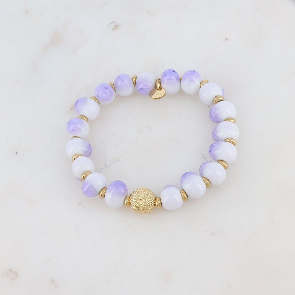 Elastic bracelet with glazed ceramic beads, flower motif ball