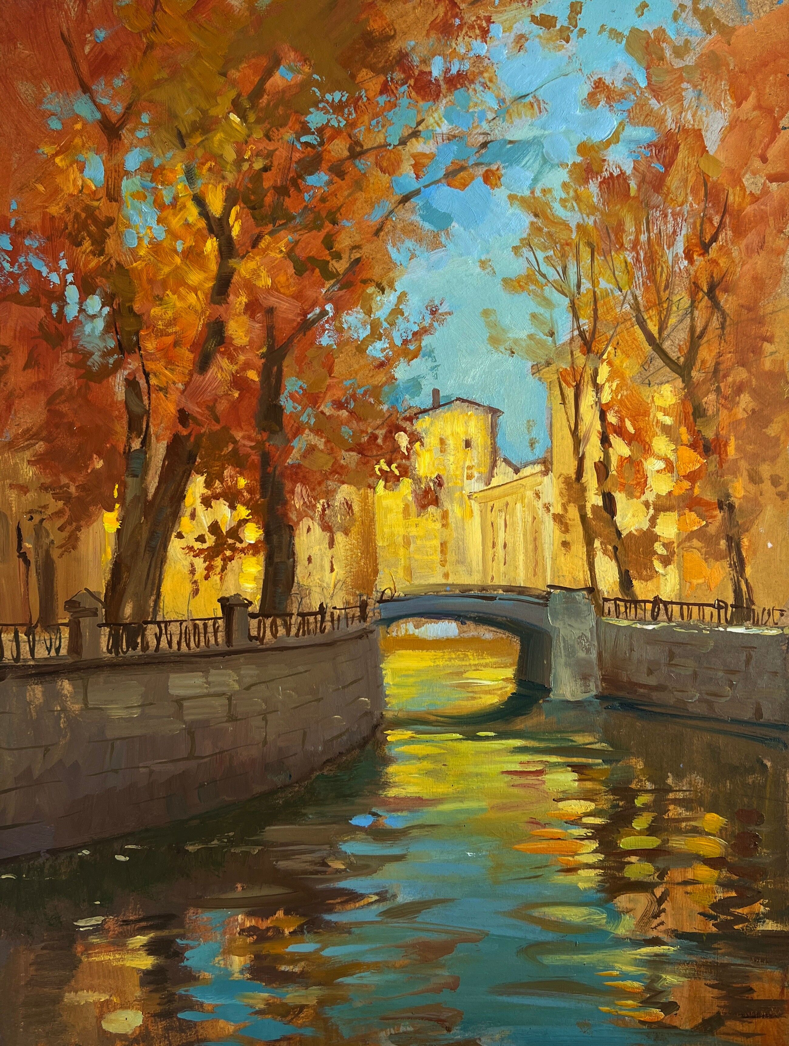 Dipinto ad olio Passi sul ponte autunnale Yuriy Suprunchuk 40x30cm