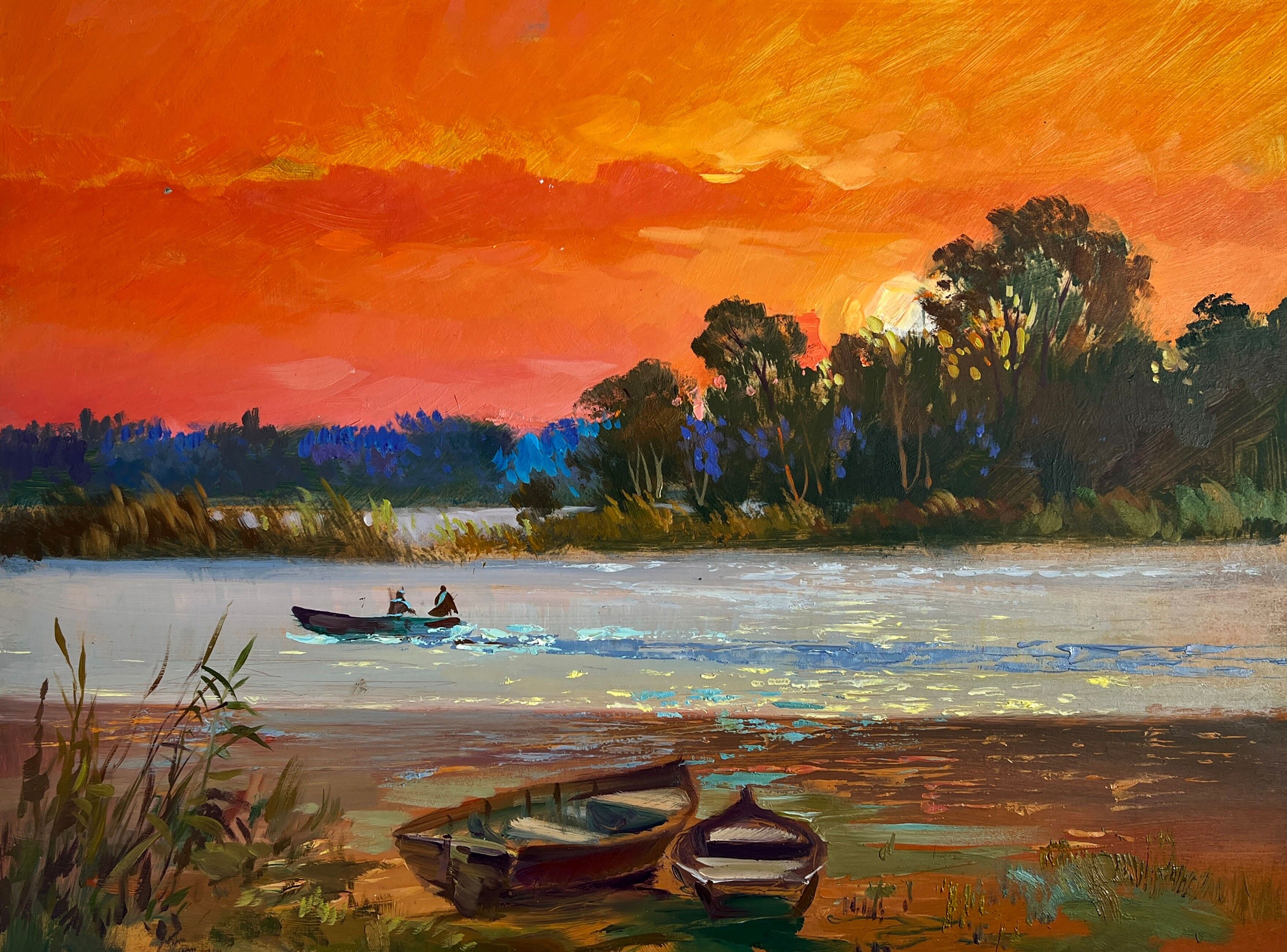 Dipinto a olio "Tramonto cremisi ipnotico" di Yuriy Suprunchuk, 30x40cm