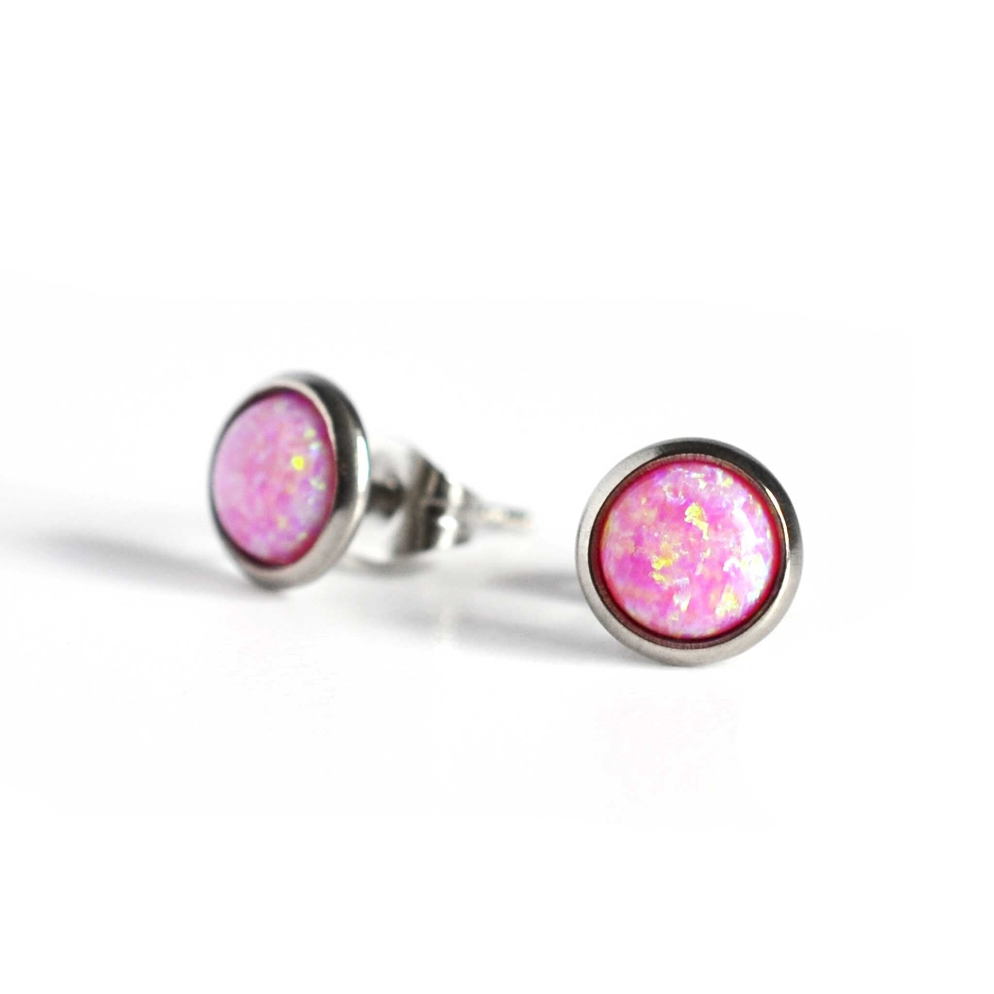 Boucles d'oreilles puces en opale rose de laboratoire, puces en acier chirurgical pour oreilles sensibles