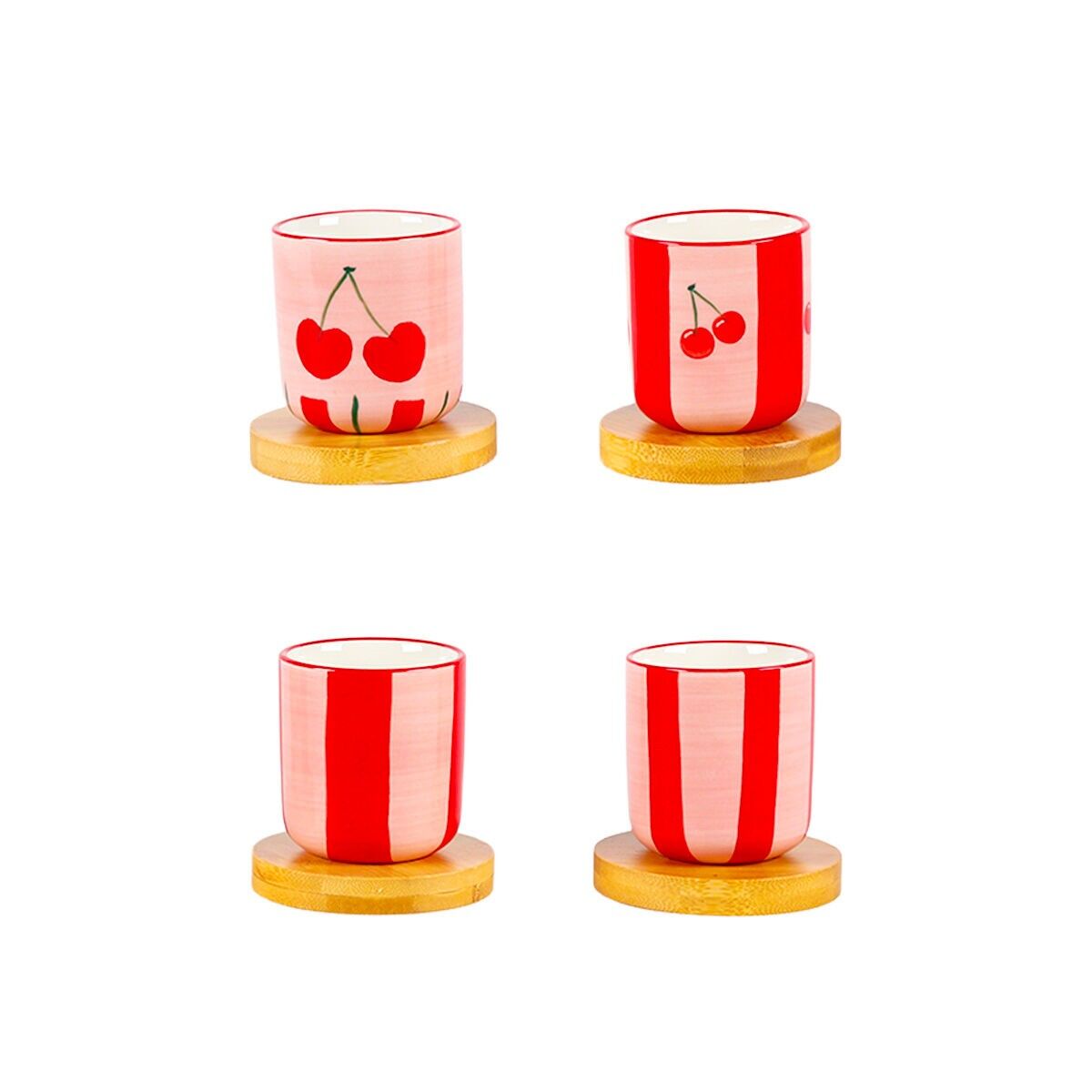Tasses à café cerise avec sous-tasses en bois - lot de 4