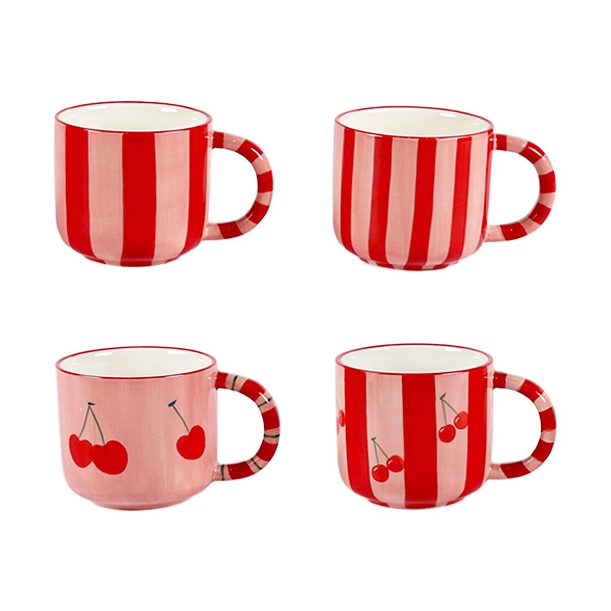 Mugs à rayures rouge cerise - lot de 4
