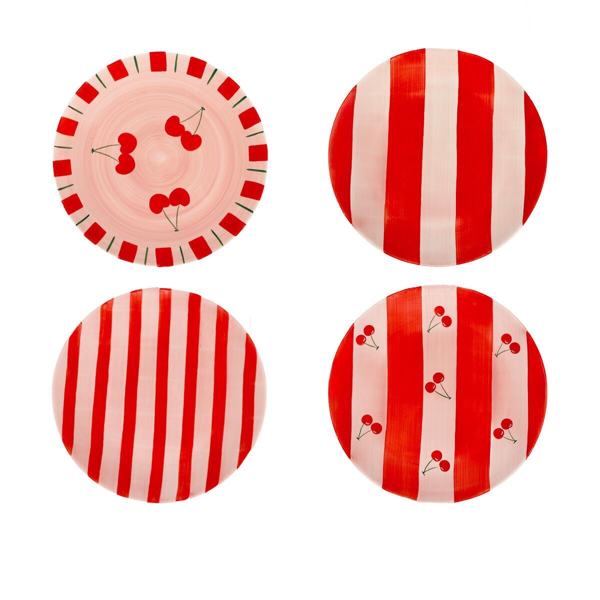 Assiettes à dessert à rayures rouge cerise - lot de 4