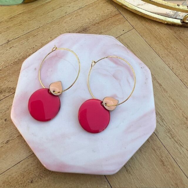 Créoles en Plaqué Or - Sequin Rose vif et Goutte Rose poudré