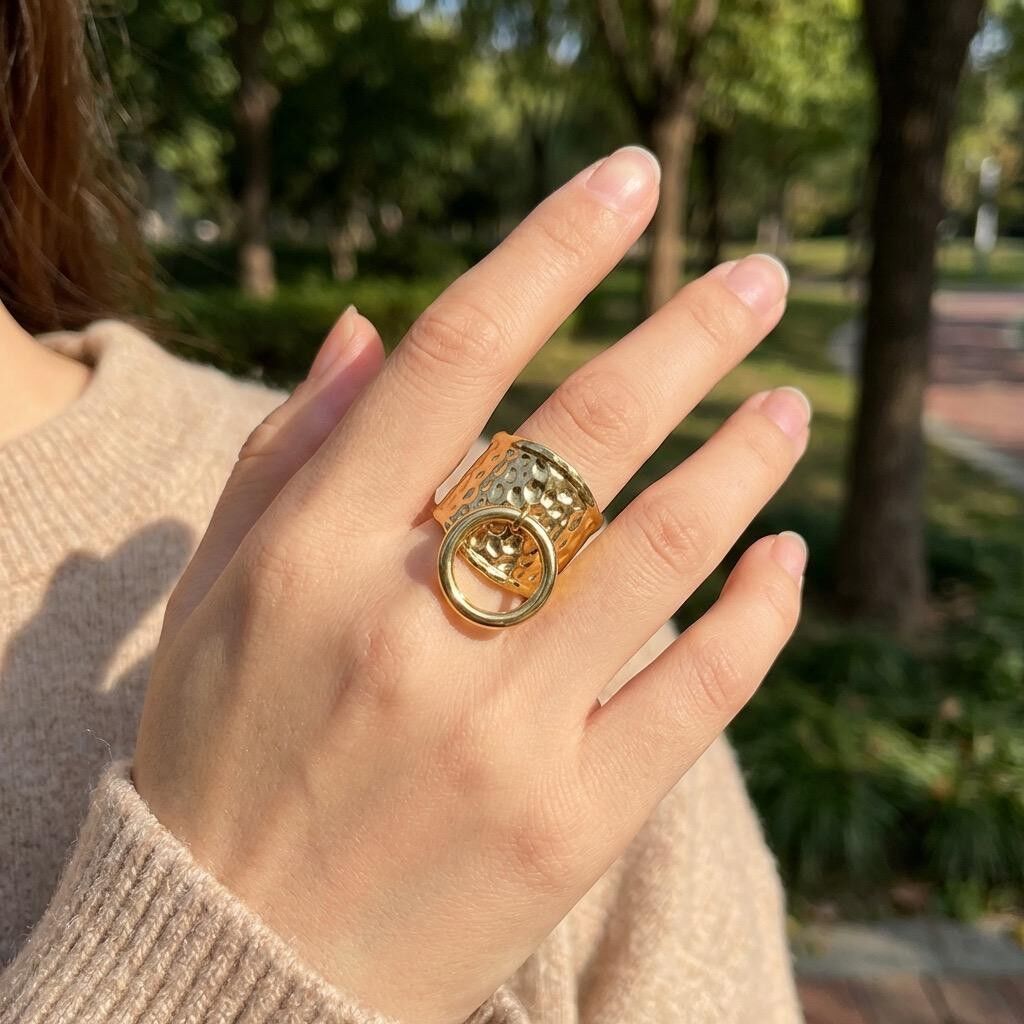 Adjustable hammered ring with decorative ring at the front