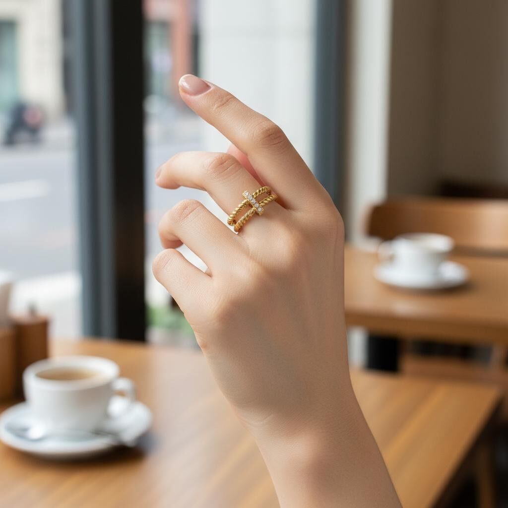 Adjustable double twisted band ring with a central ring set with rhinestones