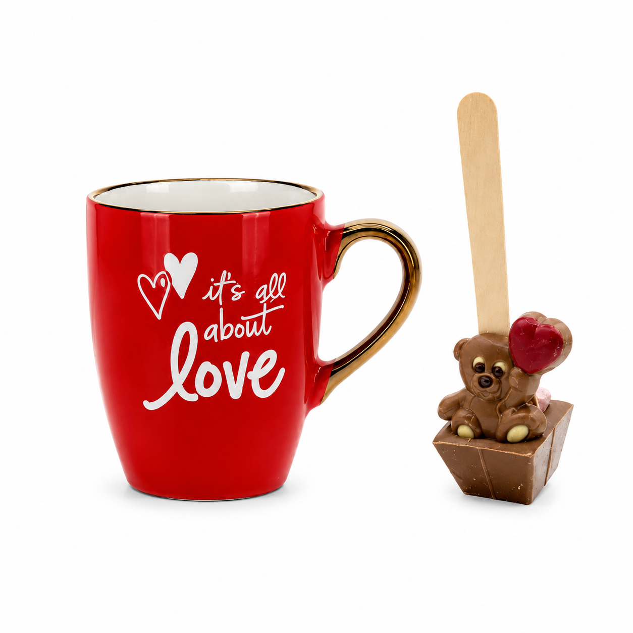TAZA DE CERÁMICA "LOVE" Y CUCHARA PARA DERRETIR CHOCOLATE CON LECHE EN FORMA DE OSITO "HEART" 55 g (Dúo de Regalo - Kit Gourmet)