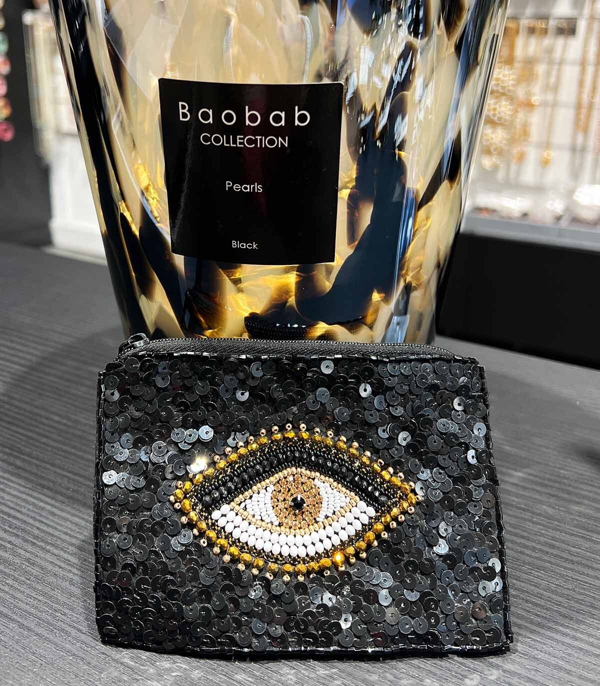 Bestickter Baumwollbeutel mit schwarzem und goldenem Auge – 14 x 10 cm