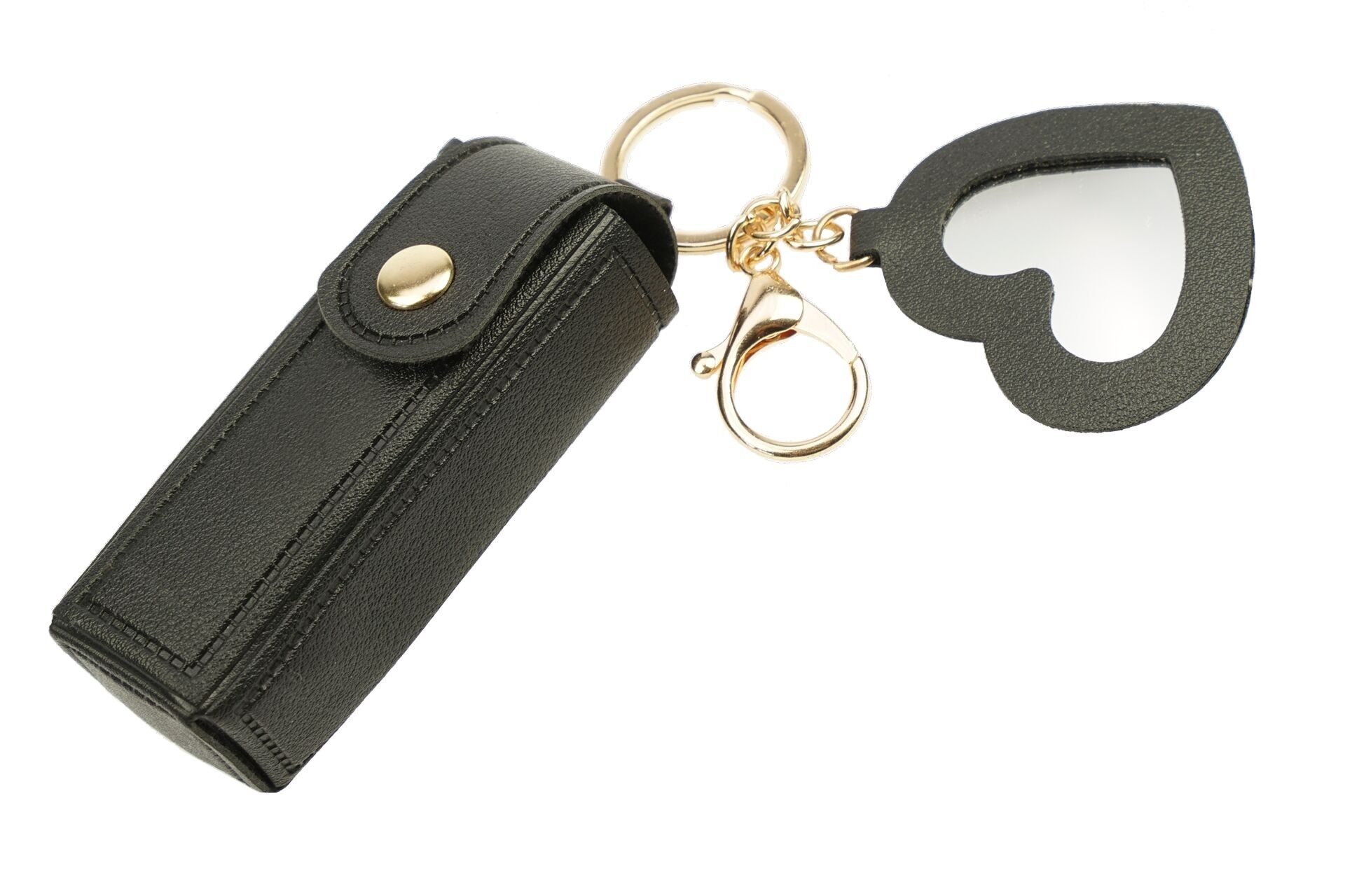 Fashionable lipstick and atomizer bag with snap closure, small heart-shaped mirror and key ring carabiner, black