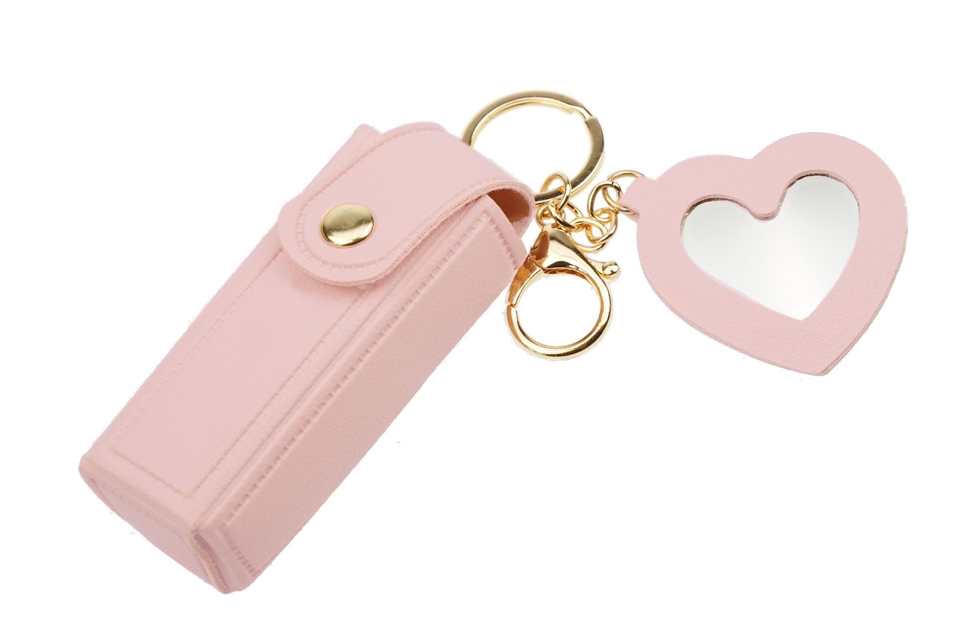 Fashionable lipstick and atomizer bag with snap closure, small heart-shaped mirror and key ring carabiner, pink