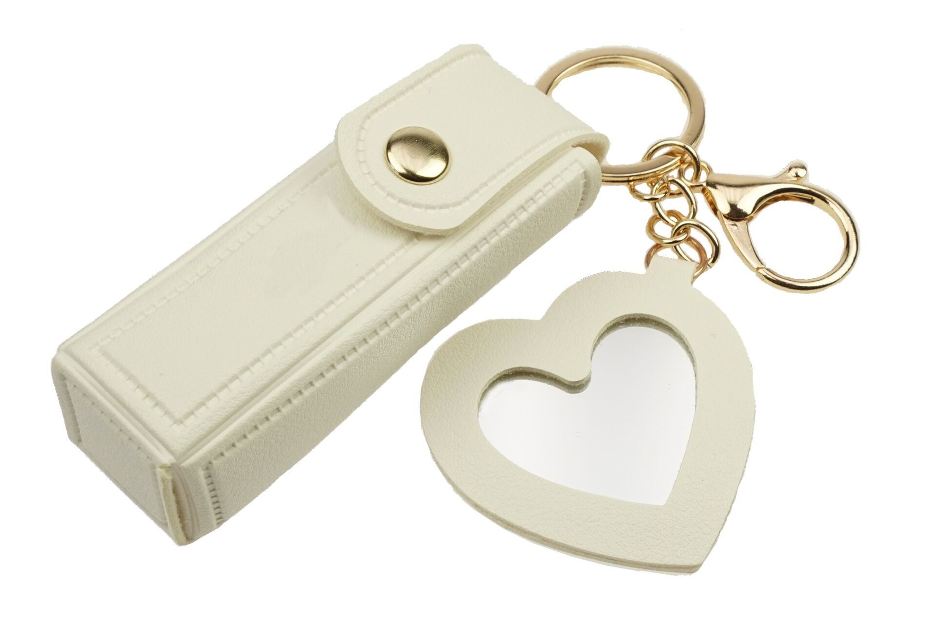 Fashionable lipstick and atomizer bag with snap closure, small heart-shaped mirror and key ring carabiner, white