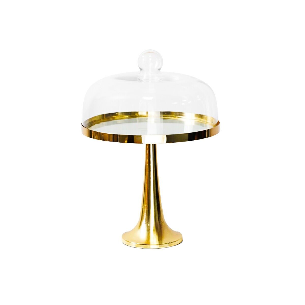 Plat à gâteaux sur pied doré avec cloche en verre
