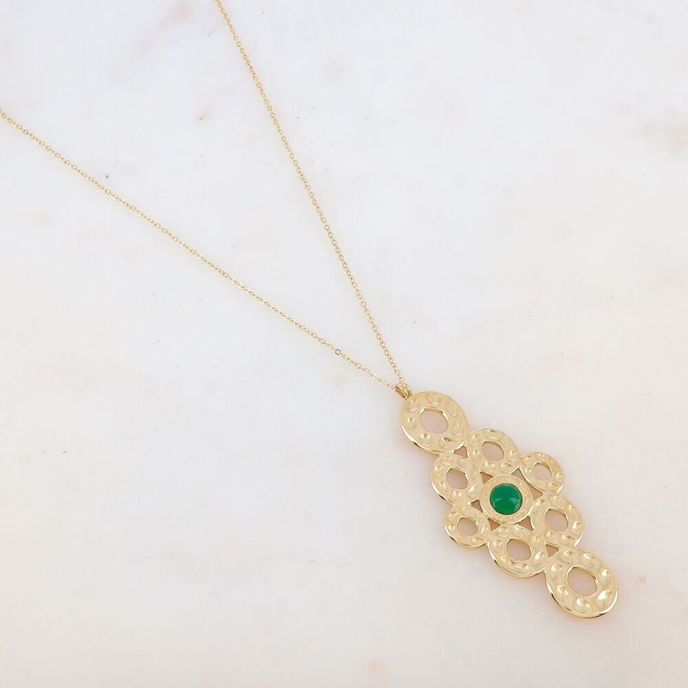 Long necklace with multi-ring pendant, mother-of-pearl or natural stone