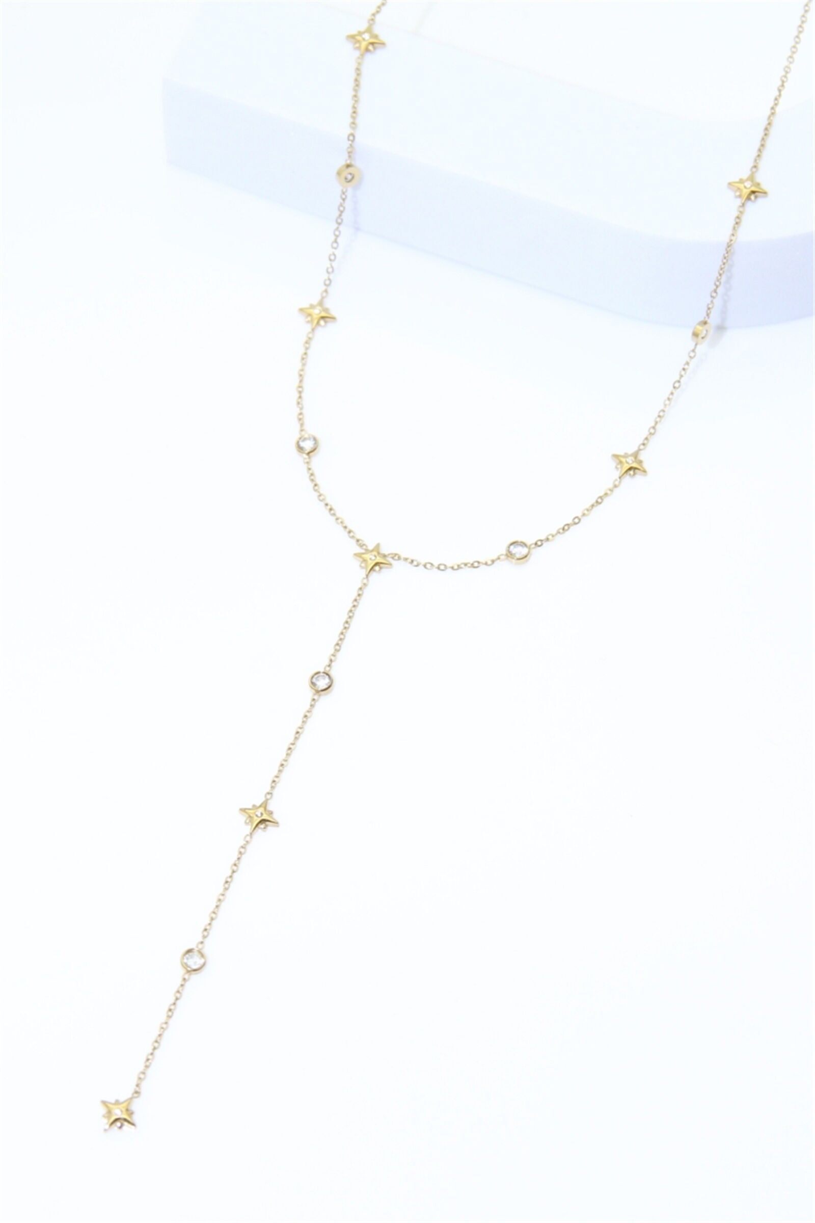 Y-förmige Halskette mit Sternen und Strasssteinen aus goldfarbenem Edelstahl – Elegante, zarte Halskette