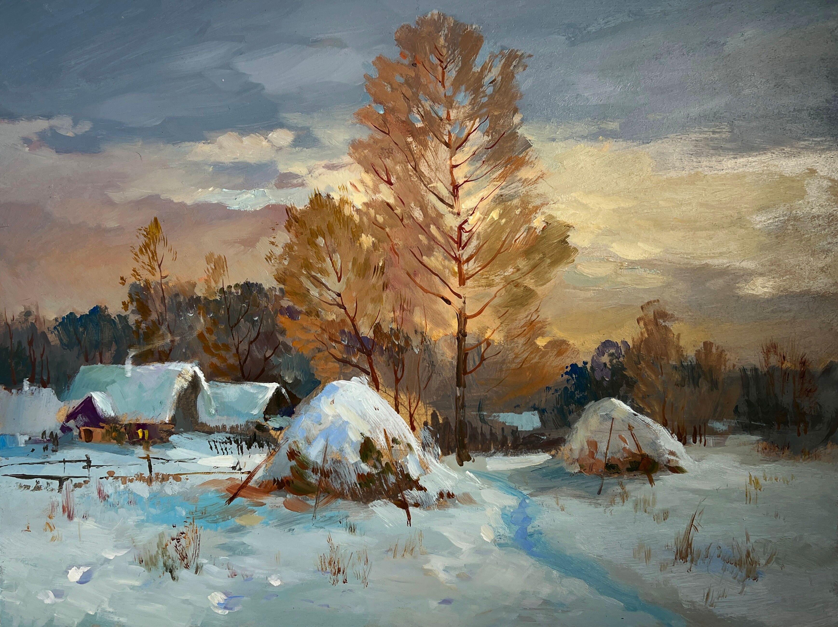 Oil painting Snow and sunset lights Yuriy Suprunchuk 30x40cm