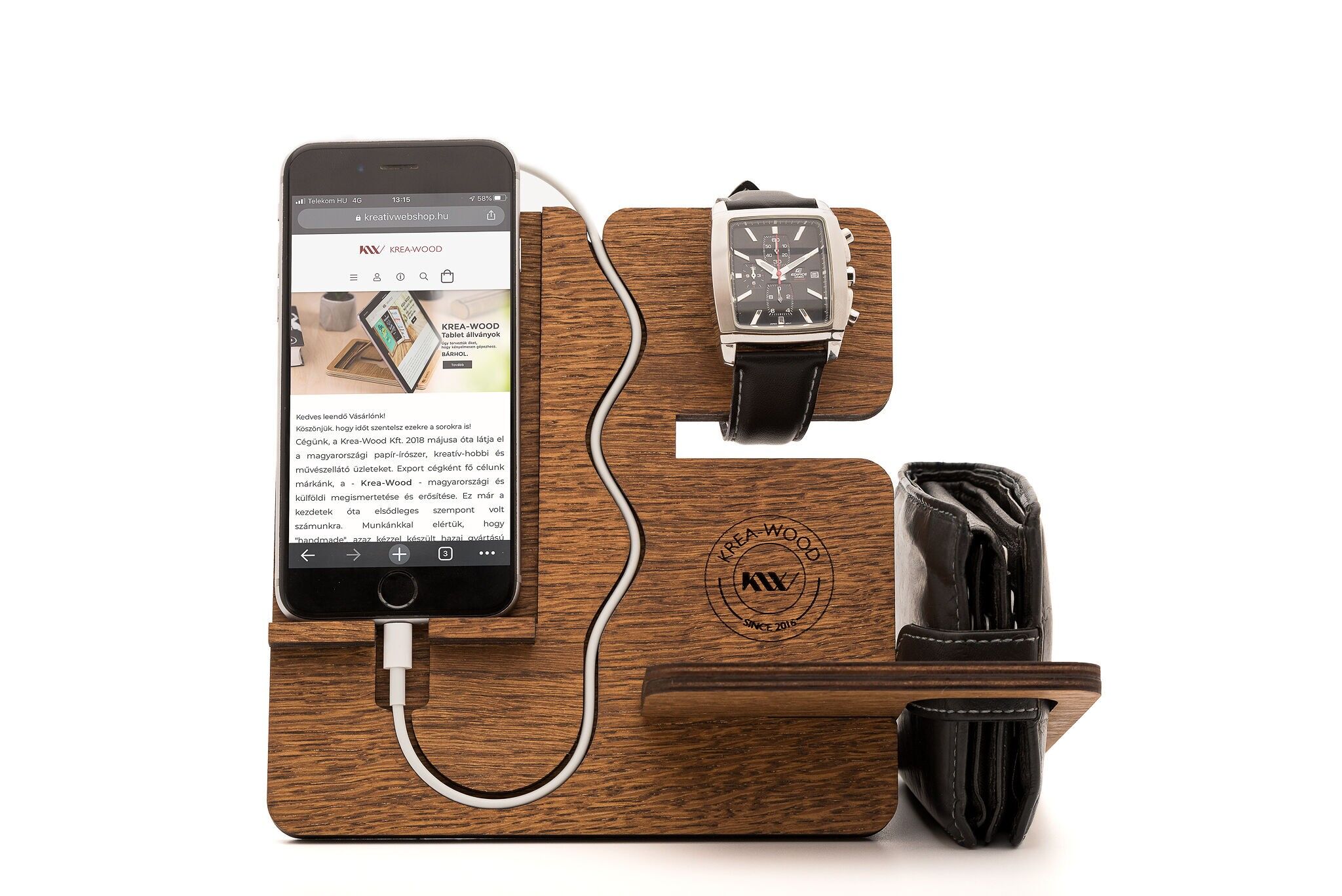 Krea-Wood wooden handmade mobile phone holder. Made by oak wood, brown colour