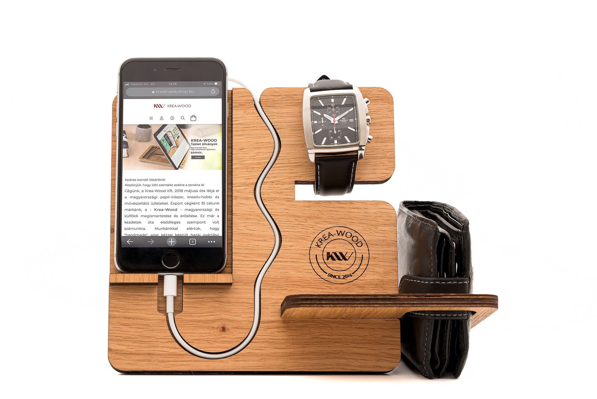 Krea-Wood wooden handmade mobile phone holder. Made by oak wood, natural colour
