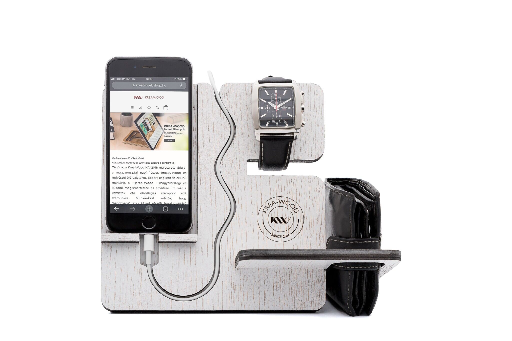 Krea-Wood wooden handmade mobile phone holder. Made by oak wood, vintage white colour