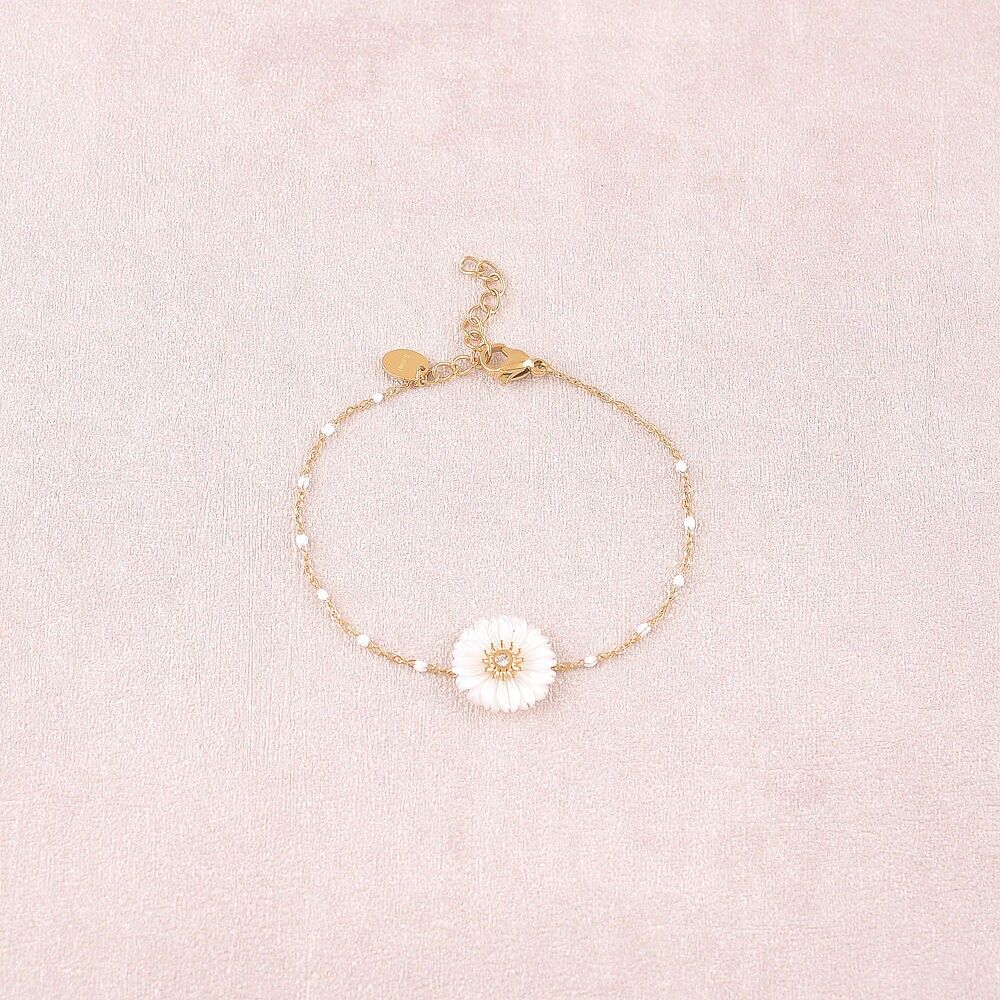 Armband – Kette mit Emaille- und Perlmuttblume mit Zirkonia