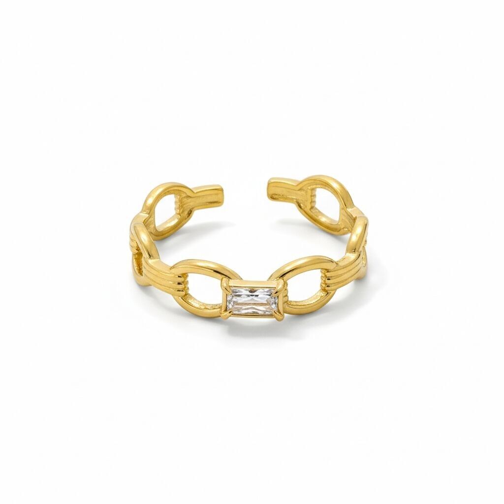 Bague en acier inoxydable à motif de chaîne avec pierre de zirconium