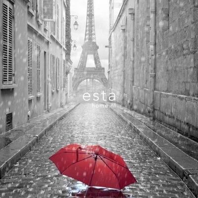 ESTAhome carta da parati Parigi in bianco e nero con ombrello rosso-158811