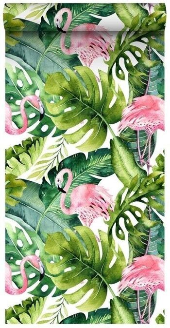 ESTAhome papier peint XXL feuilles tropicales avec flamants roses-158895