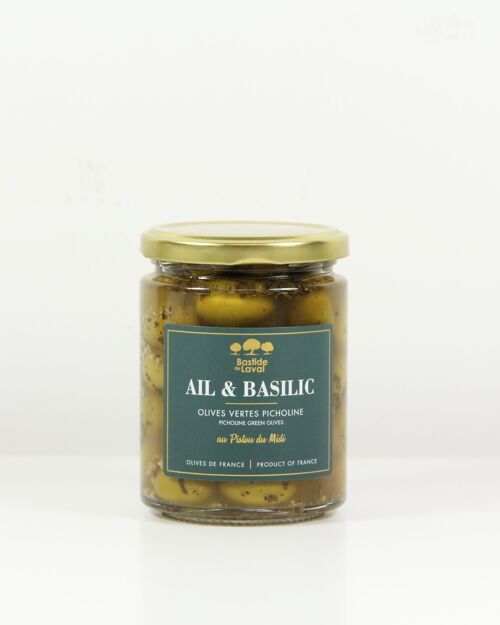 Olives de table à l'Ail et au Basilic - Variété Picholine / France