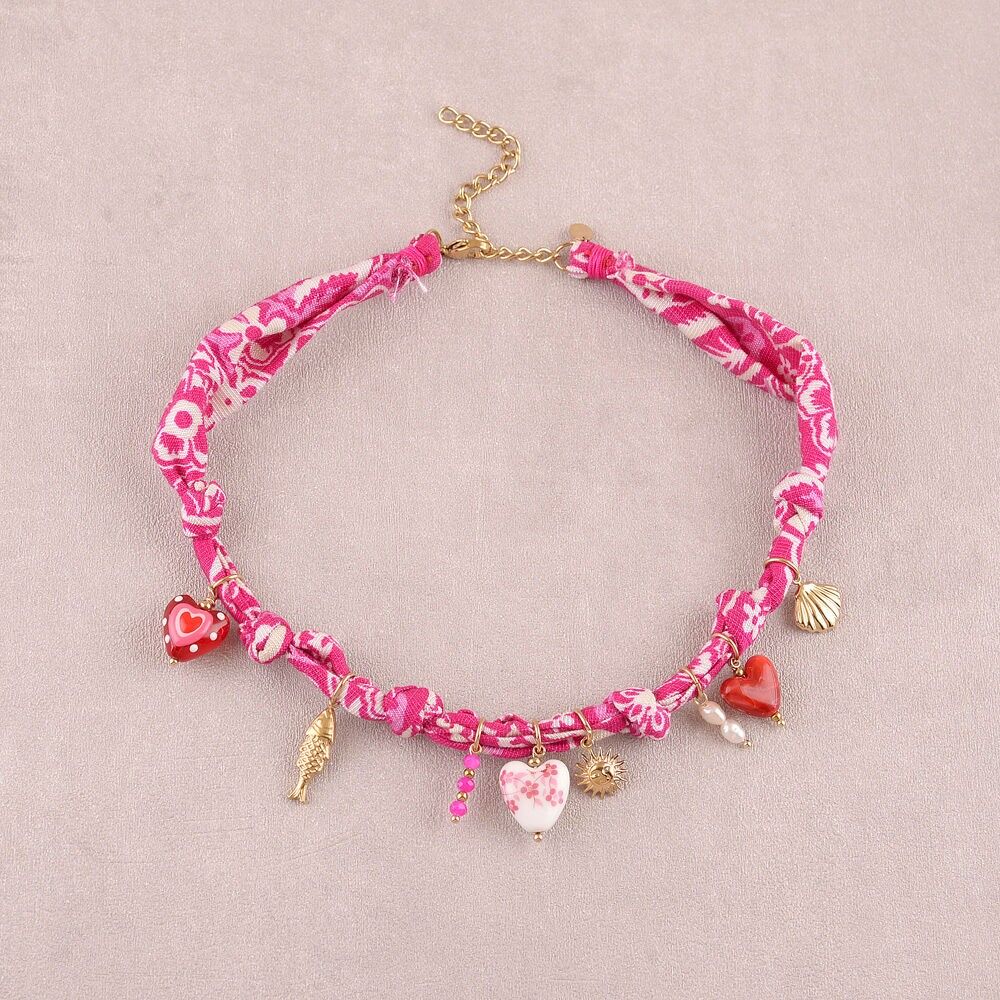 Candice Necklace - fabric ribbon, charms (ceramic, fish, hearts, resin and freshwater pearls)