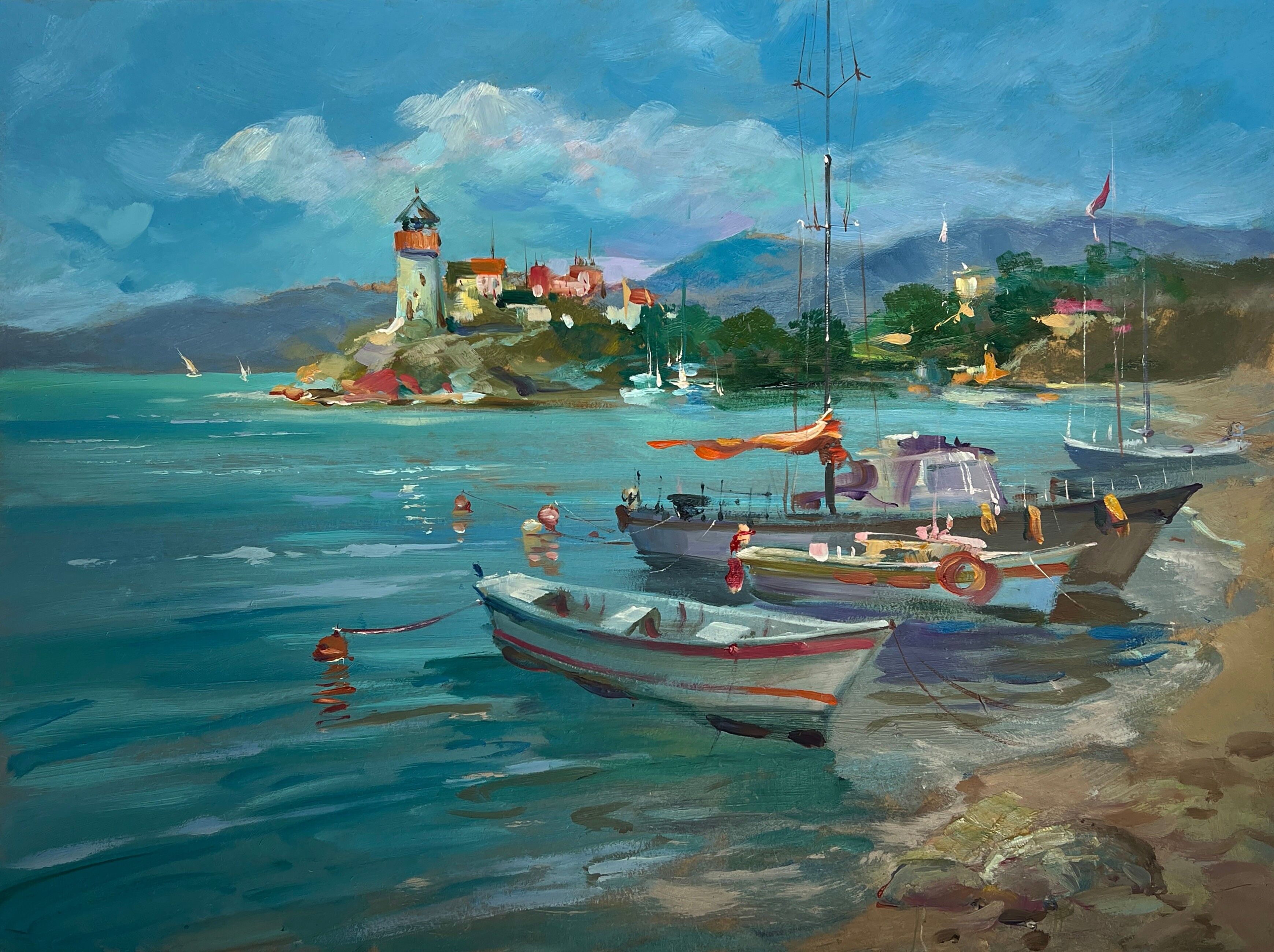 Dipinto ad olio Barche e faro Yuriy Suprunchuk 30x40cm