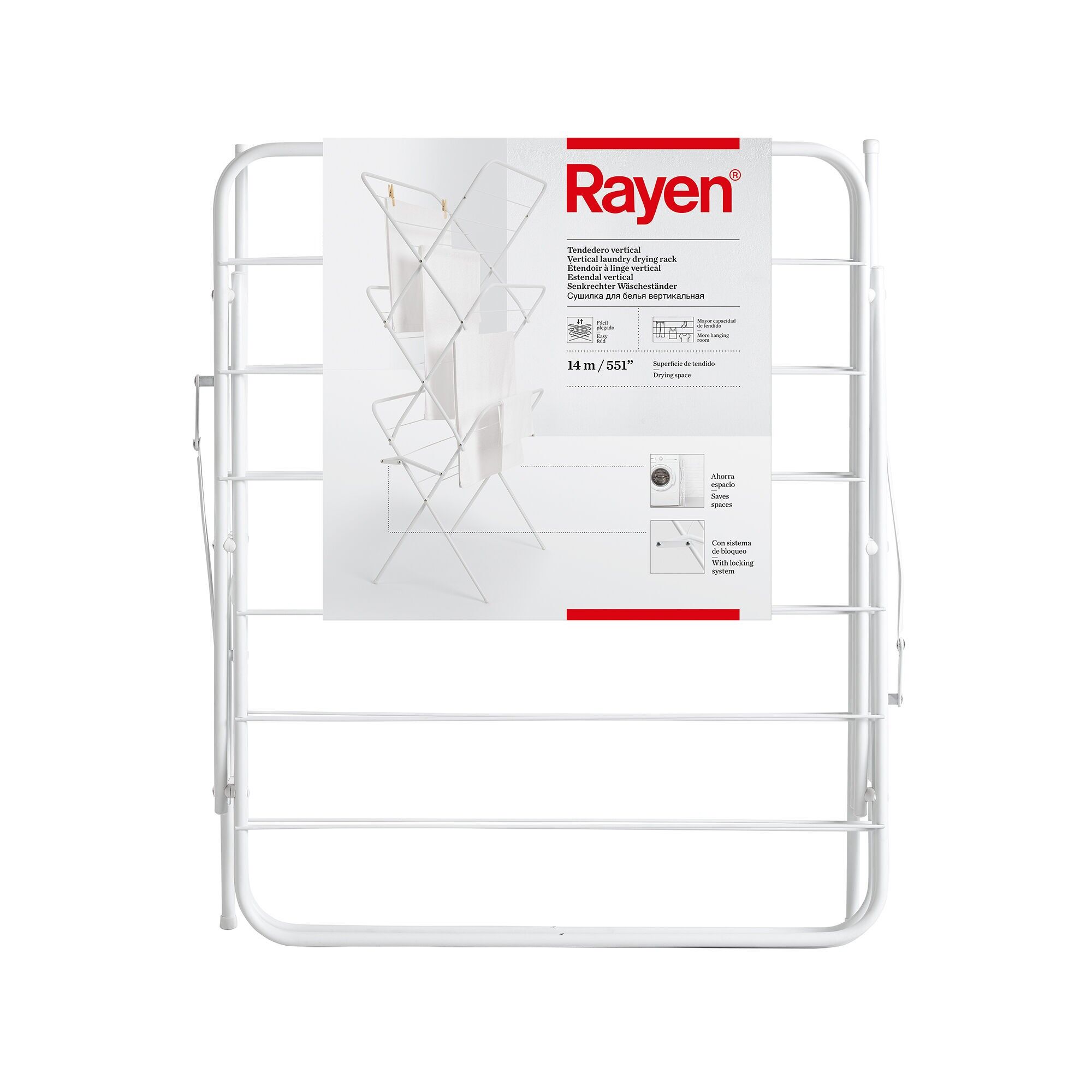 Rayen | Vertikale Wäscheleine, leicht zusammenklappbar, 14 m Trockenfläche, mit Beinverriegelungssystem, mit rutschfesten Stoppern, 61x138x44.5cm