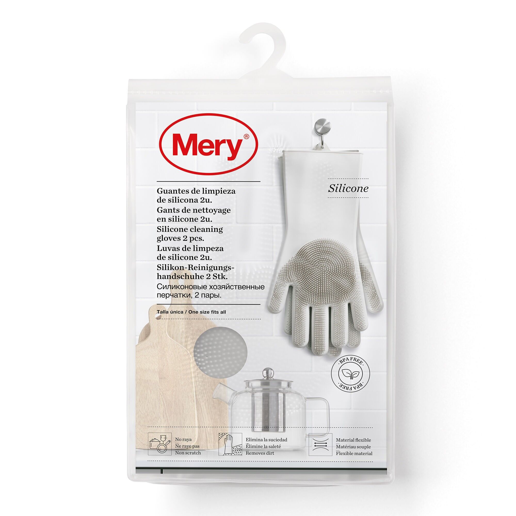 Mery | Reinigungshandschuhe | Silikon | Kratzfest | Entfernt Schmutz | Flexibles Material | Hellgrau | 34.5 × 15.5 × 2.6 cm | Einheitsgröße