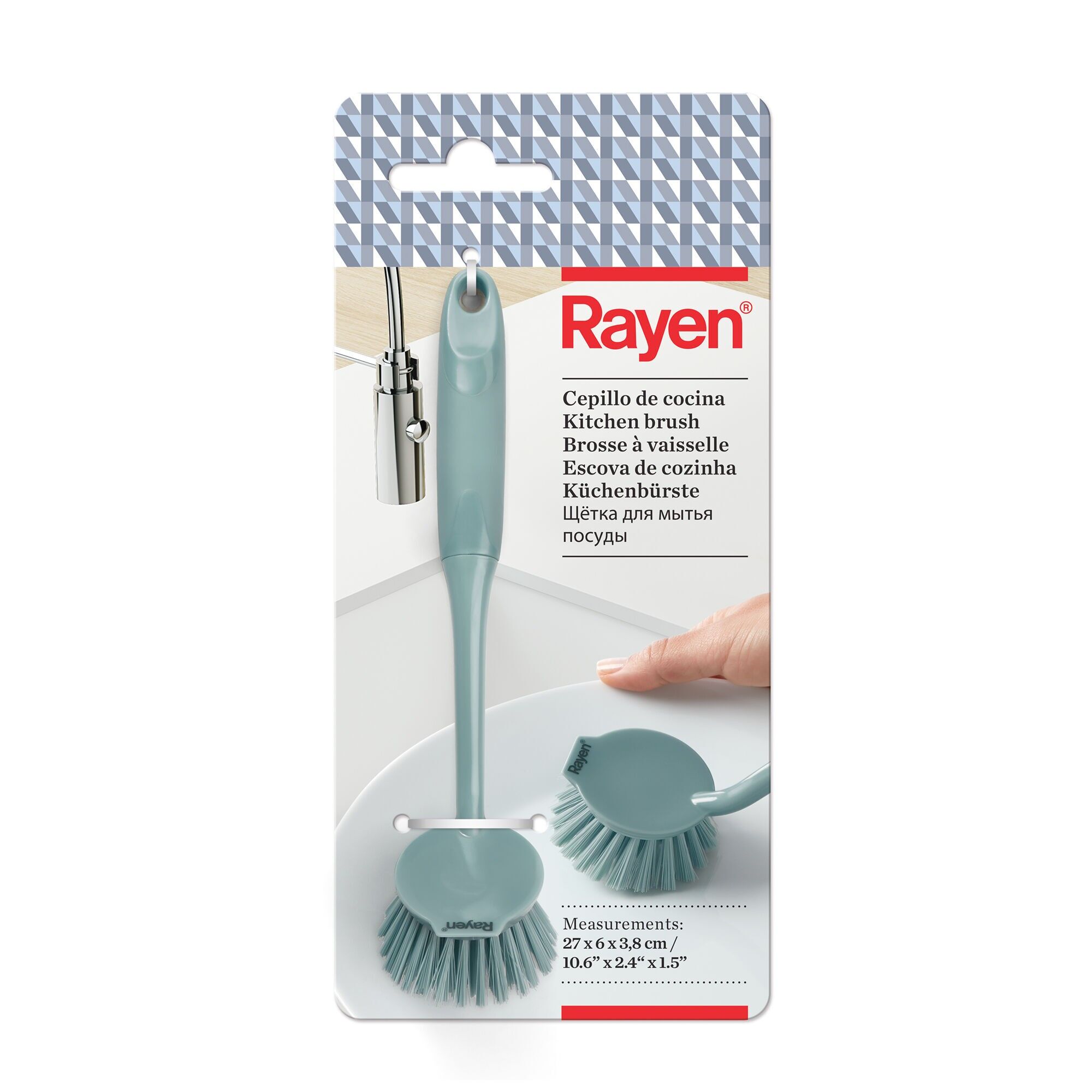 Rayen – Multifunktionale Küchenbürste, ergonomischer Soft-Touch-Griff, Reiniger für Antihaft-Oberflächen, kratzfest, integrierter Schaber für hartnäckige Rückstände, blau, Abmessungen 27 × 6 × 3.8 cm