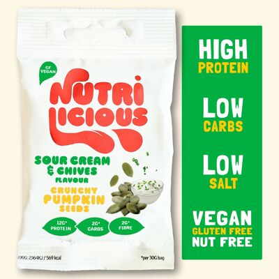 Sour Cre*m & Chives Pumpkin Seeds - Vegano, bajo en carbohidratos y cetogénico, alto en proteínas, bajo en sal, sin gluten, sin nueces