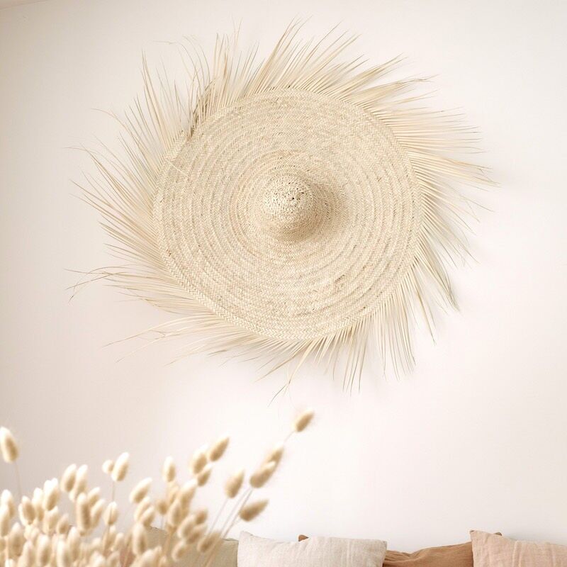 Cappello con frange in foglia di palma XL 105 cm - Decorazione da parete boho, artigianato marocchino