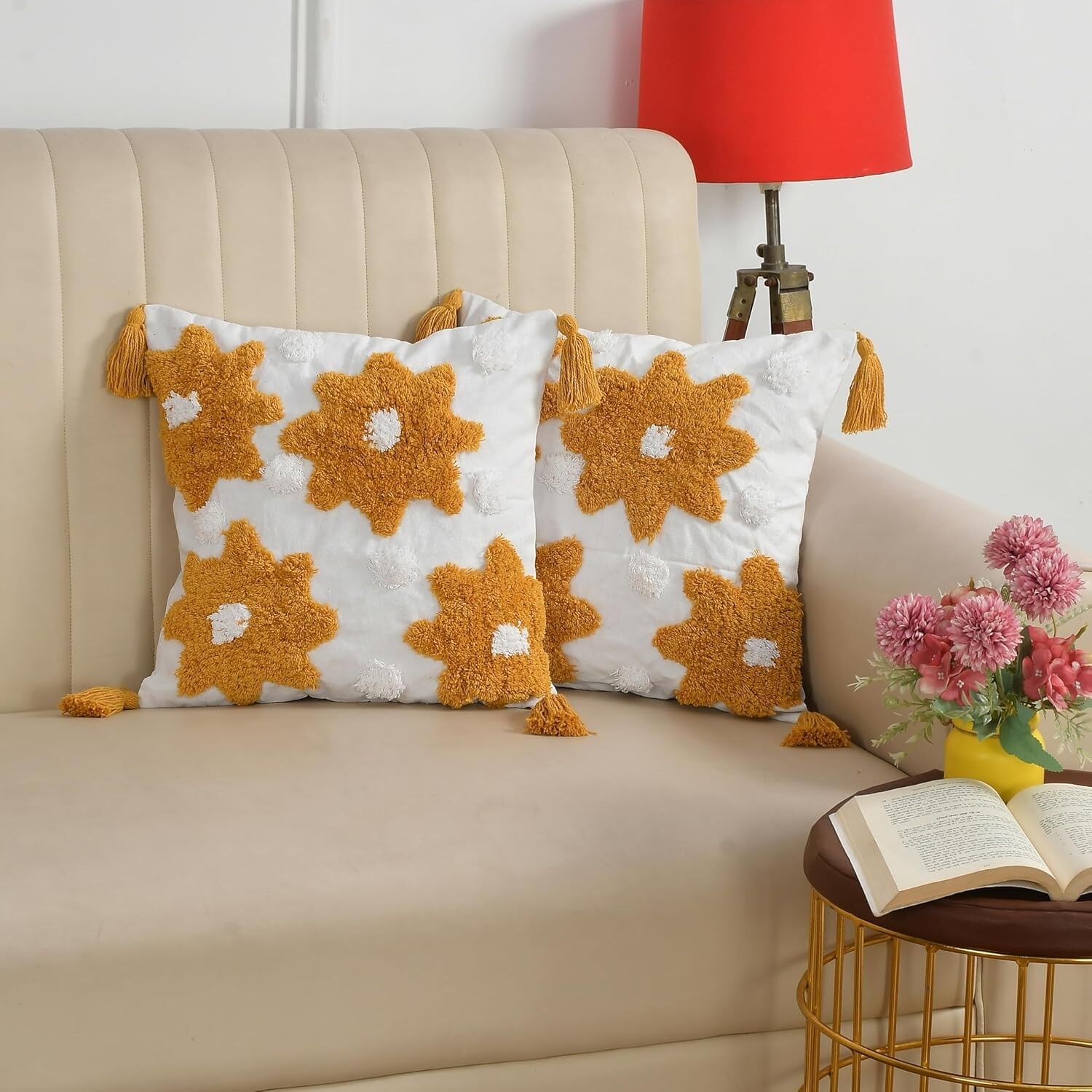 Housse de coussin capitonnée bohème 40 x 40 cm (lot de 2) | Housses de coussin décoratives pour lit, canapé et salon