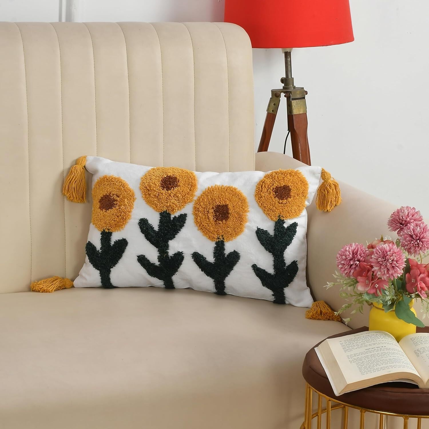 Housse de coussin bohème à motif tournesol touffeté 30 x 50 cm (lot de 2) | Taies d'oreiller décoratives pour canapé et lit
