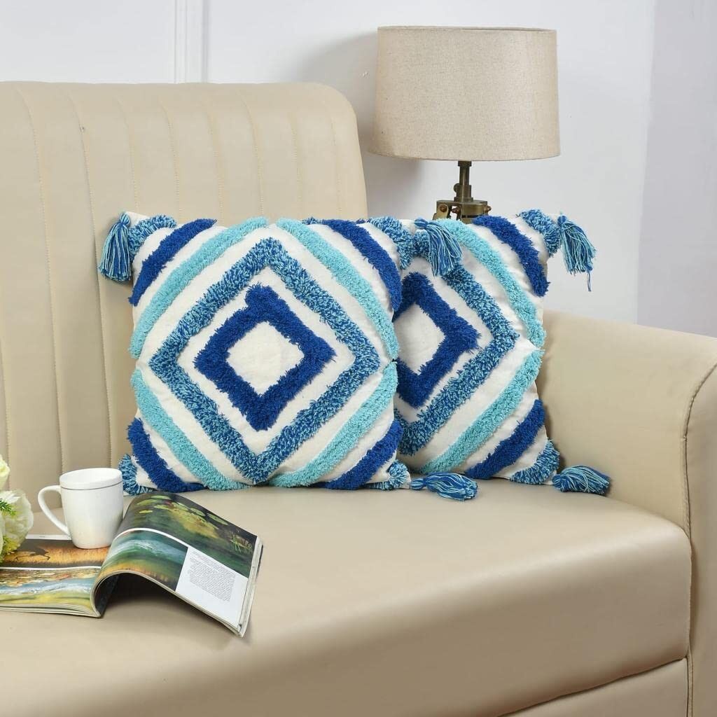 Housse de coussin décorative bleu foncé à pompons géométriques, 40 x 40 cm, 1 pièce | Coussin décoratif bohème pour canapé