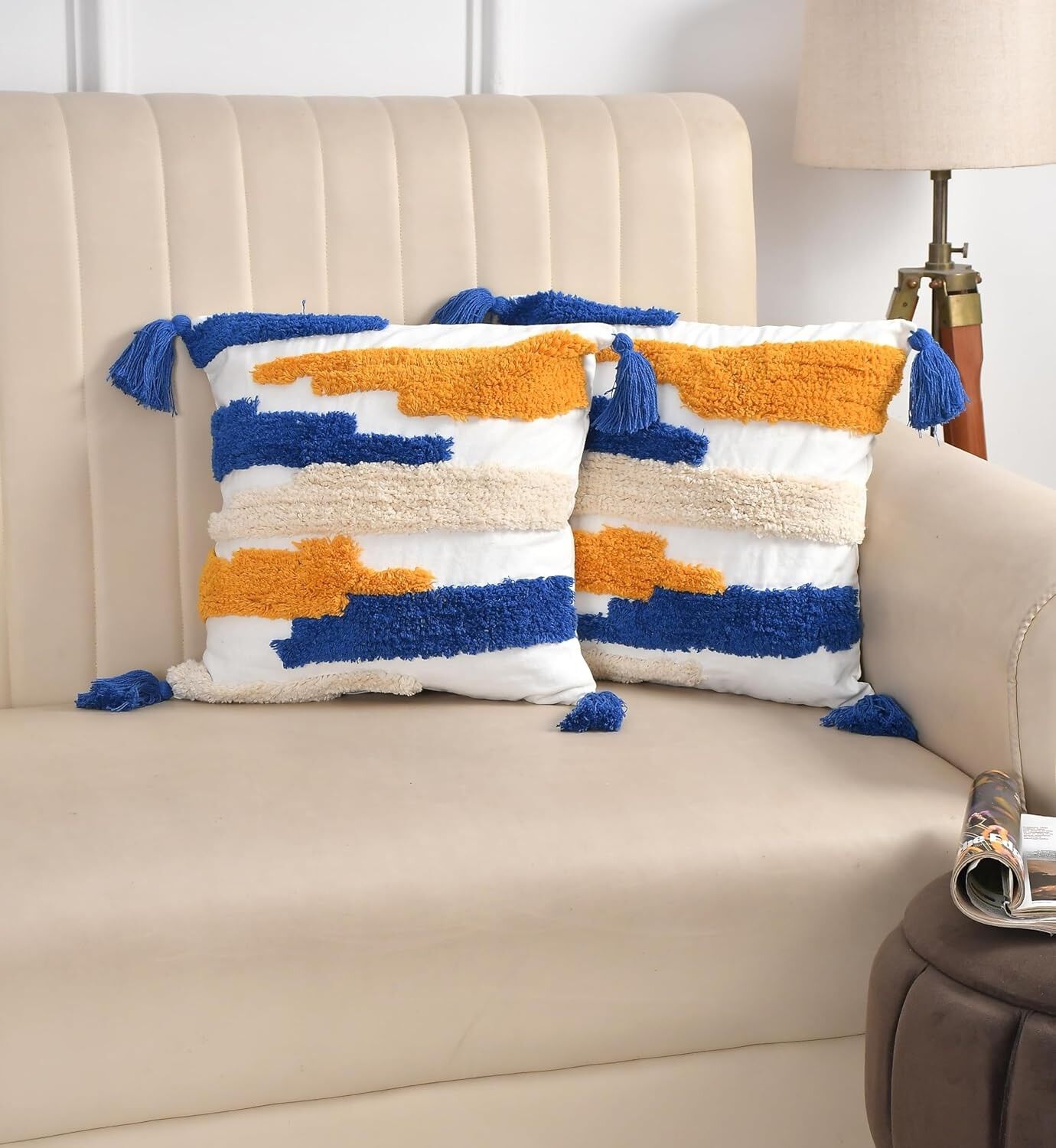 Housse de coussin décorative bohème moderne à motif géométrique capitonné, bleu et jaune, pompons, 40 x 40 cm, 1 pièce | Coussin décoratif pour canapé