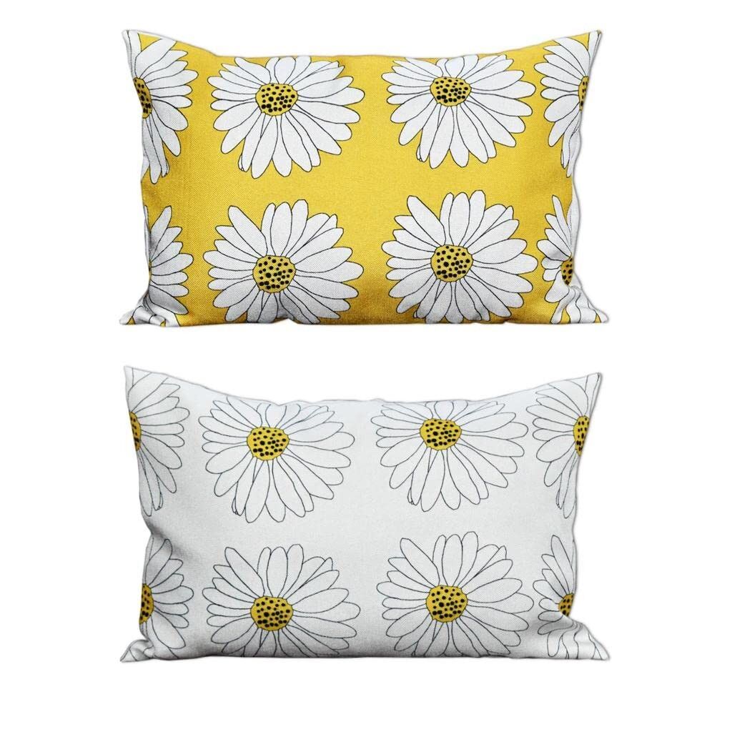 Housses de coussin rustiques à motifs floraux blancs et jaunes en toile, 30 x 45 cm (lot de 2) | Housses de coussin décoratives pour canapé et maison