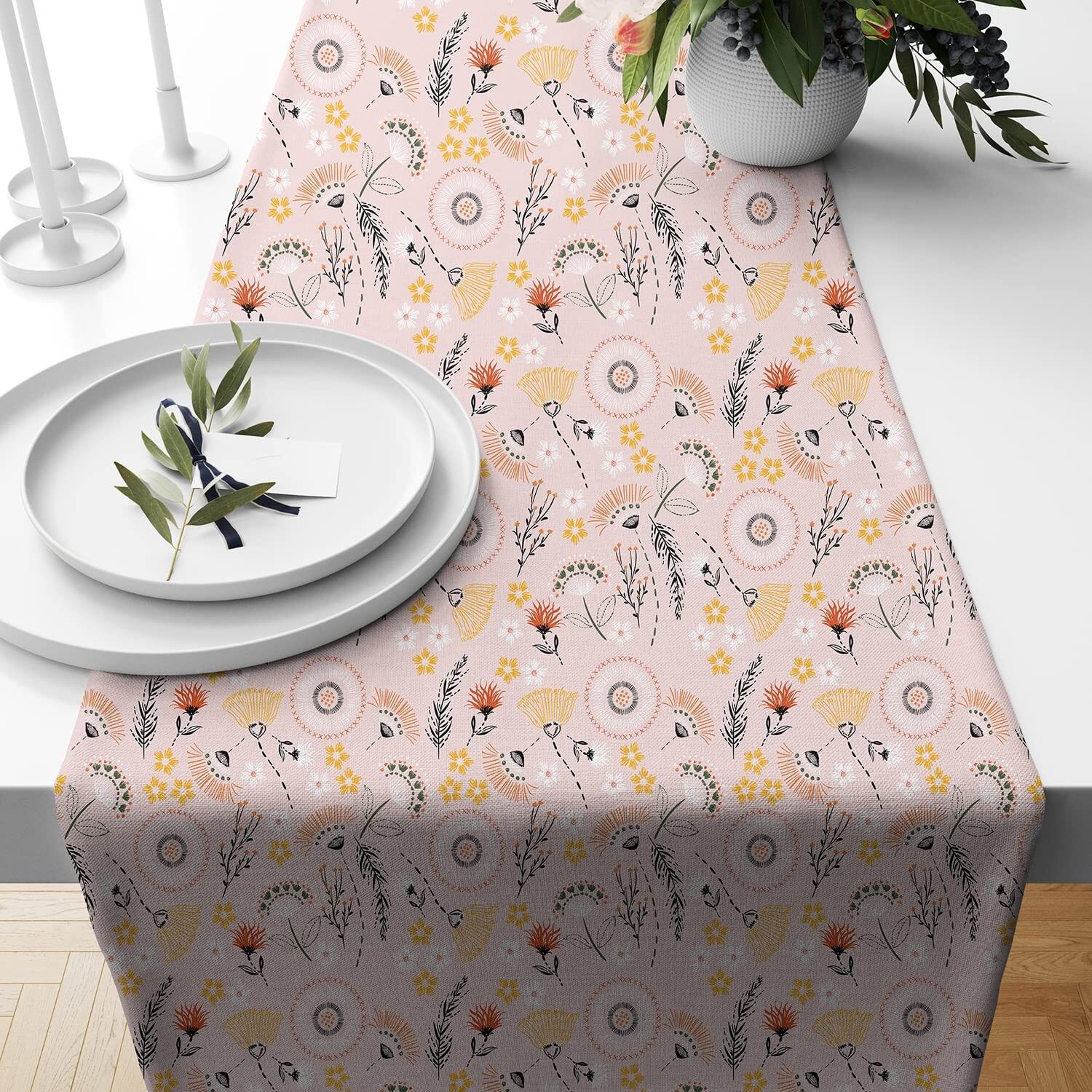 Chemin de table et de lit en polycoton imprimé floral printanier, 33 x 183 cm | Décoration pour 6 personnes, lavable, accessoire pour salle à manger et chambre
