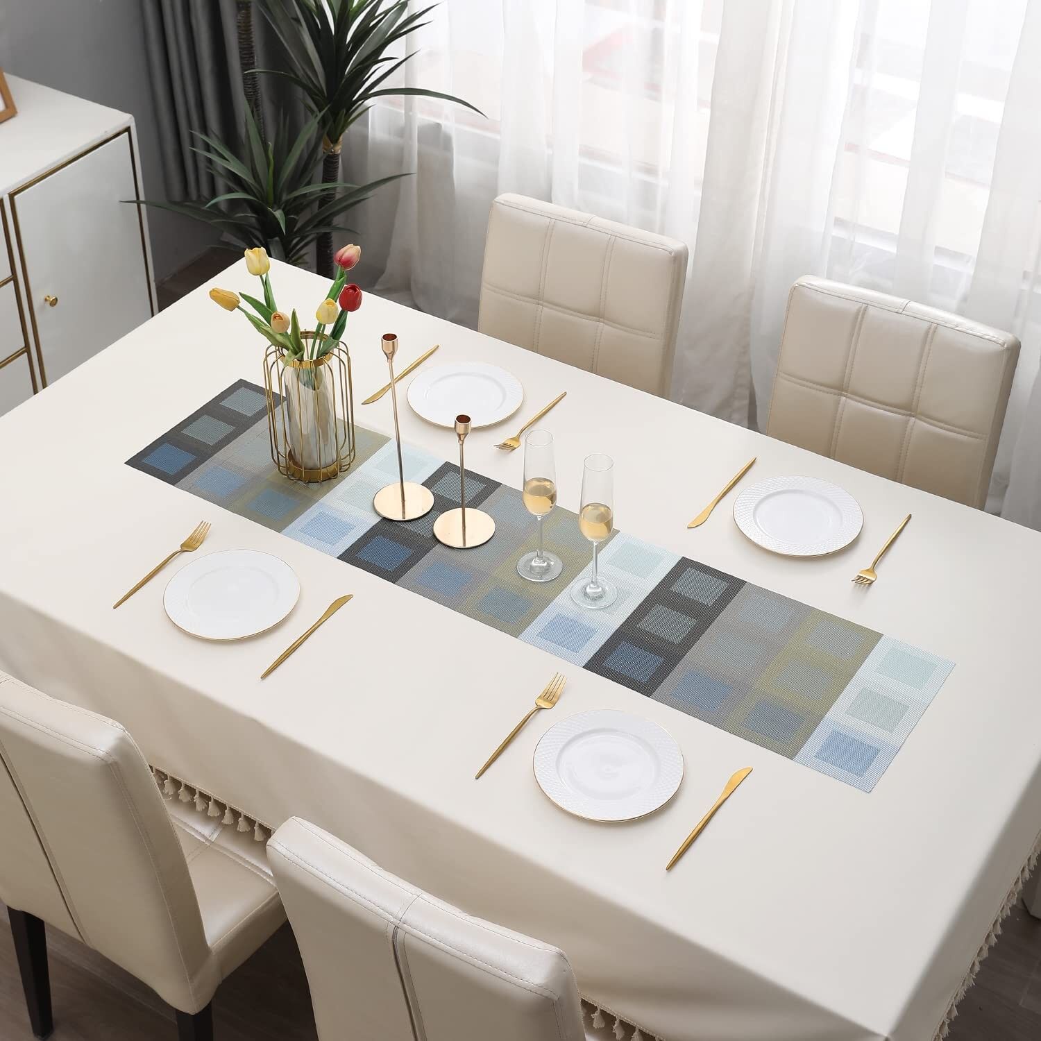 Chemin de table en polyester mélangé à motif quadrillé gris, 30 x 135 cm | Table à manger, table basse, table de centre de table, table d'appoint