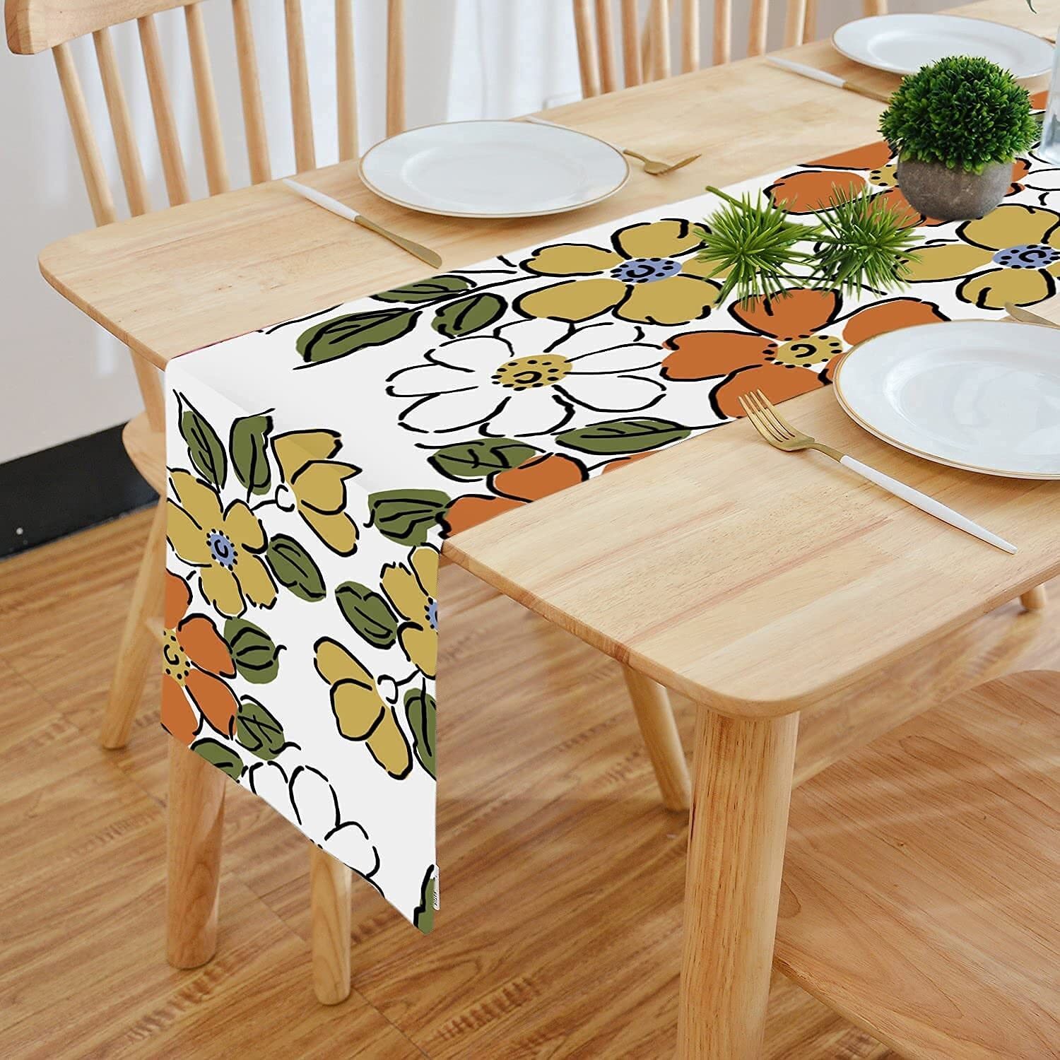 Chemin de table double épaisseur imprimé numériquement avec des trèfles multicolores modernes, 33 x 183 cm | Décoration pour salle à manger, cuisine et maison